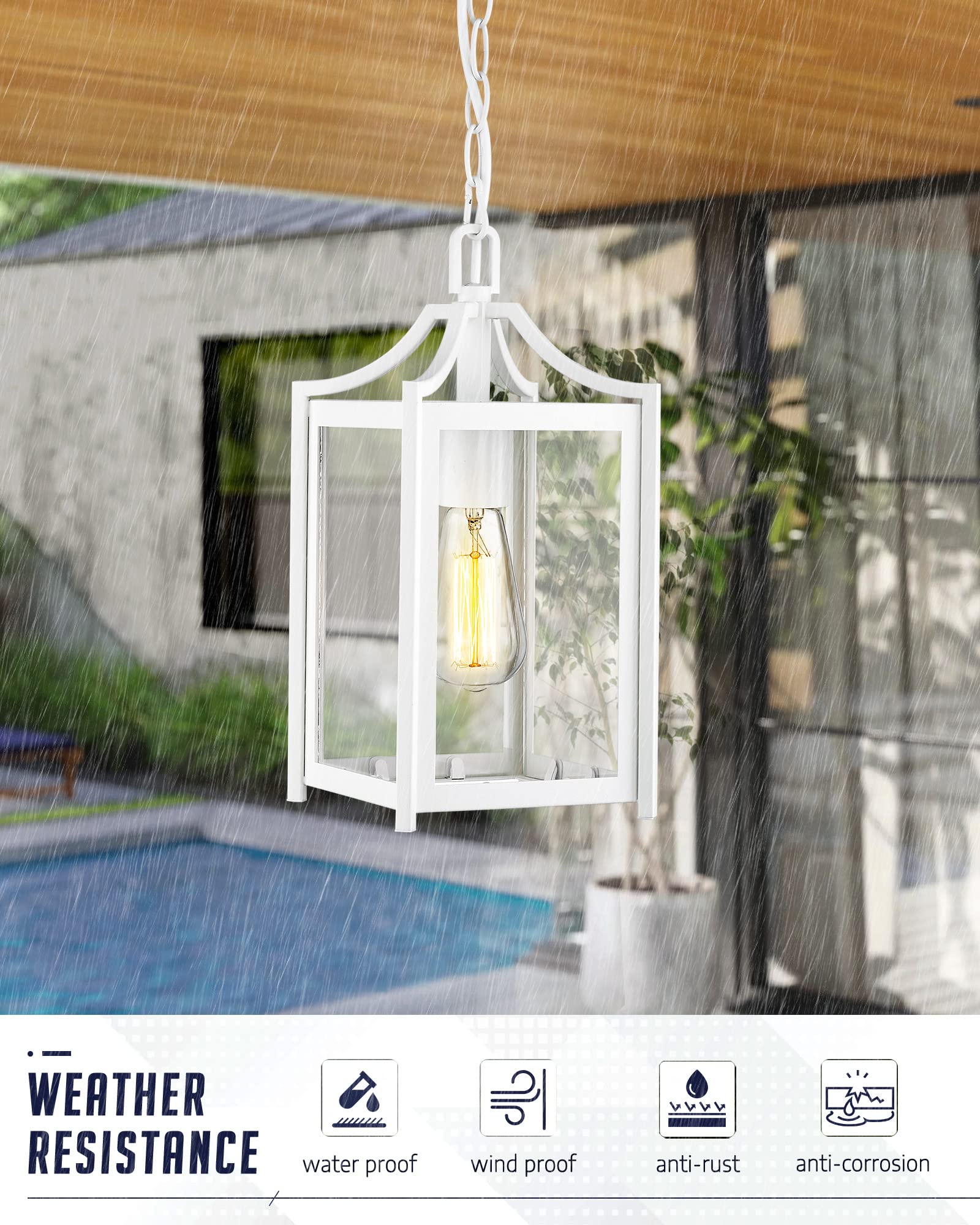 Osimir Outdoor Pendant Light, 14&quot; Modern Hanging Light, White Finish, Adjustable Chain, Clear Glass