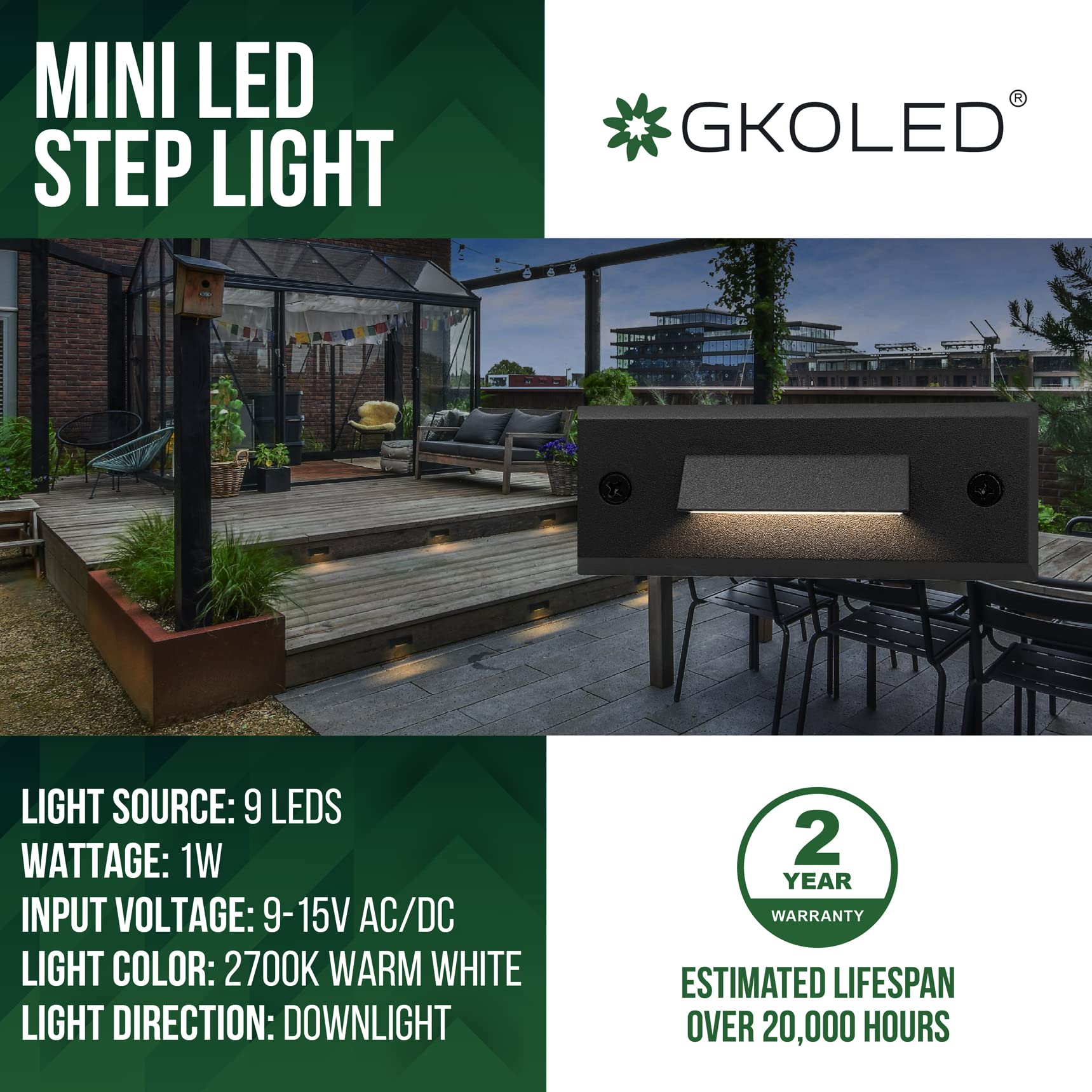 GKOLED Mini Size LED Landscape Step Lights, 9-15V AC/DC, Outdoor Waterproof Stair Riser Light, 2700K, IP65, Die-Cast Aluminum, 4 Pack