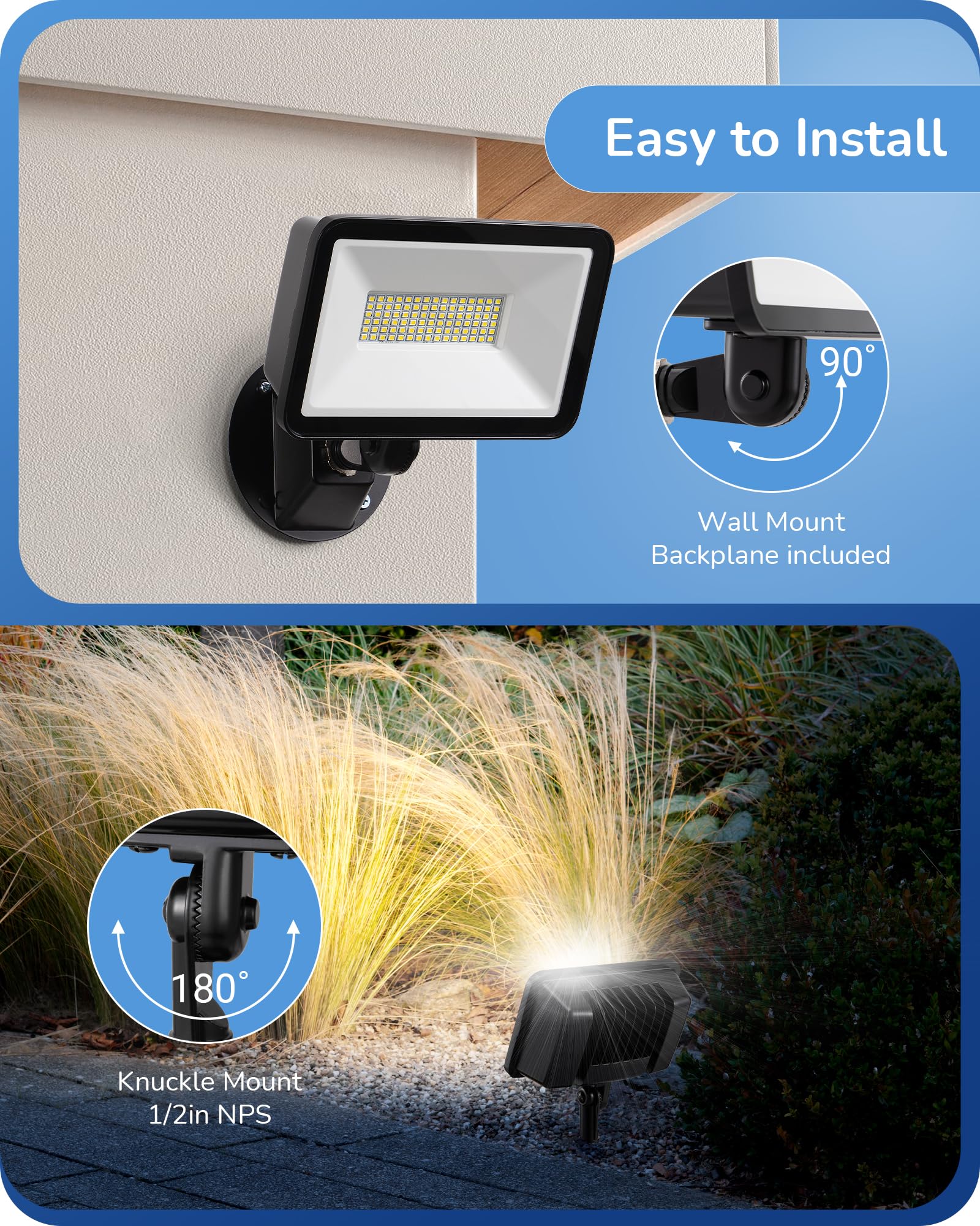 EDISHINE 73W LED Flood Light, 10000LM, IP65 Waterproof, 5000K Security Light for Outdoor Use, Black, Model HFLB07A