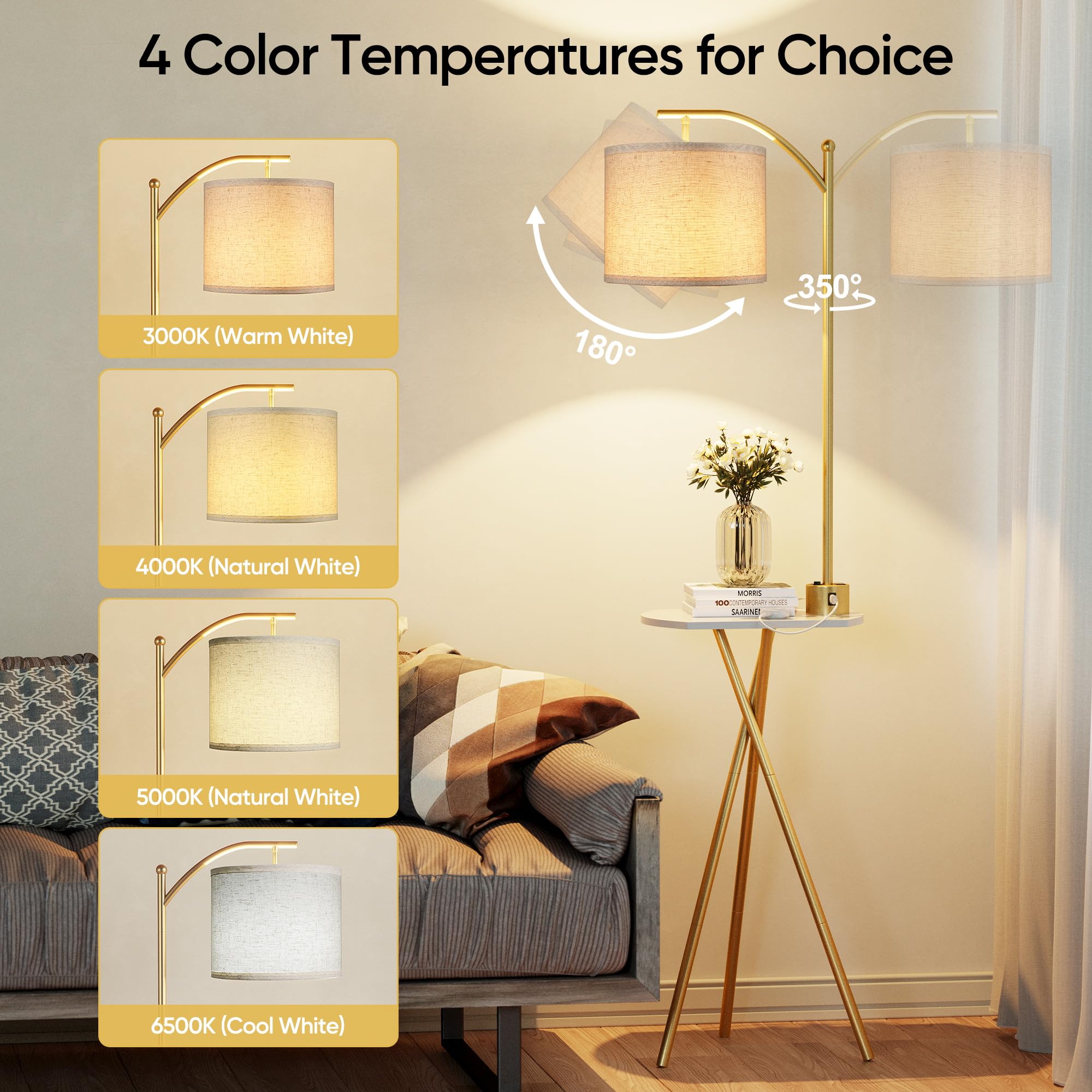 ROTTOGOON Floor Lamp with Table, Remote Control, Charging Station, 4 Color Temperatures, Gold, Model ROFP092AJ1