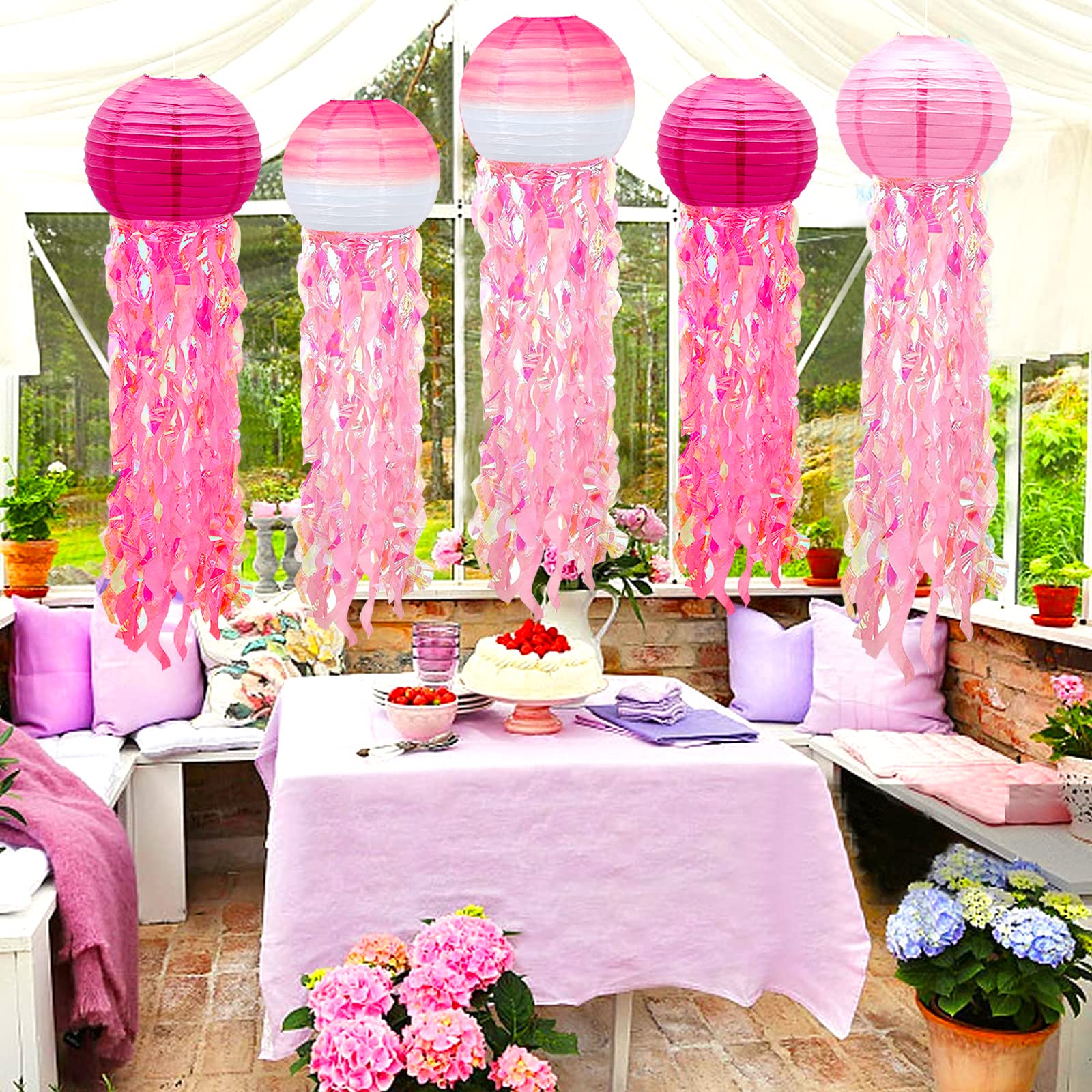 6 Packs Jellyfish Paper Lanterns Hanging Mermaid Wishes Lantern Gradient Pink Rose Red Ocean Theme Party Supplies Great For Kids