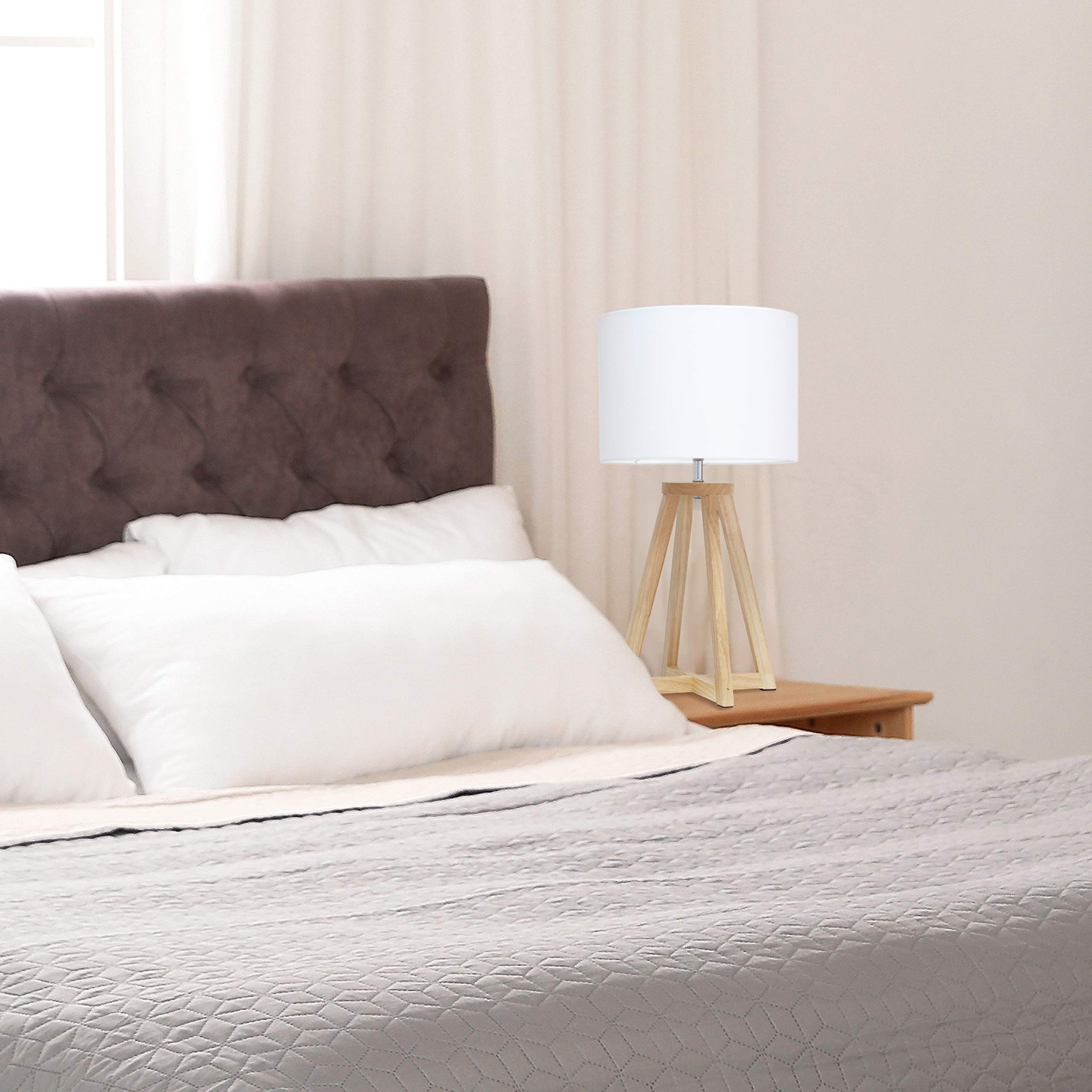 Simple Designs Lt1069-Nwh Interlocked Triangular Natural Wood Table Lamp With White Fabric Shade