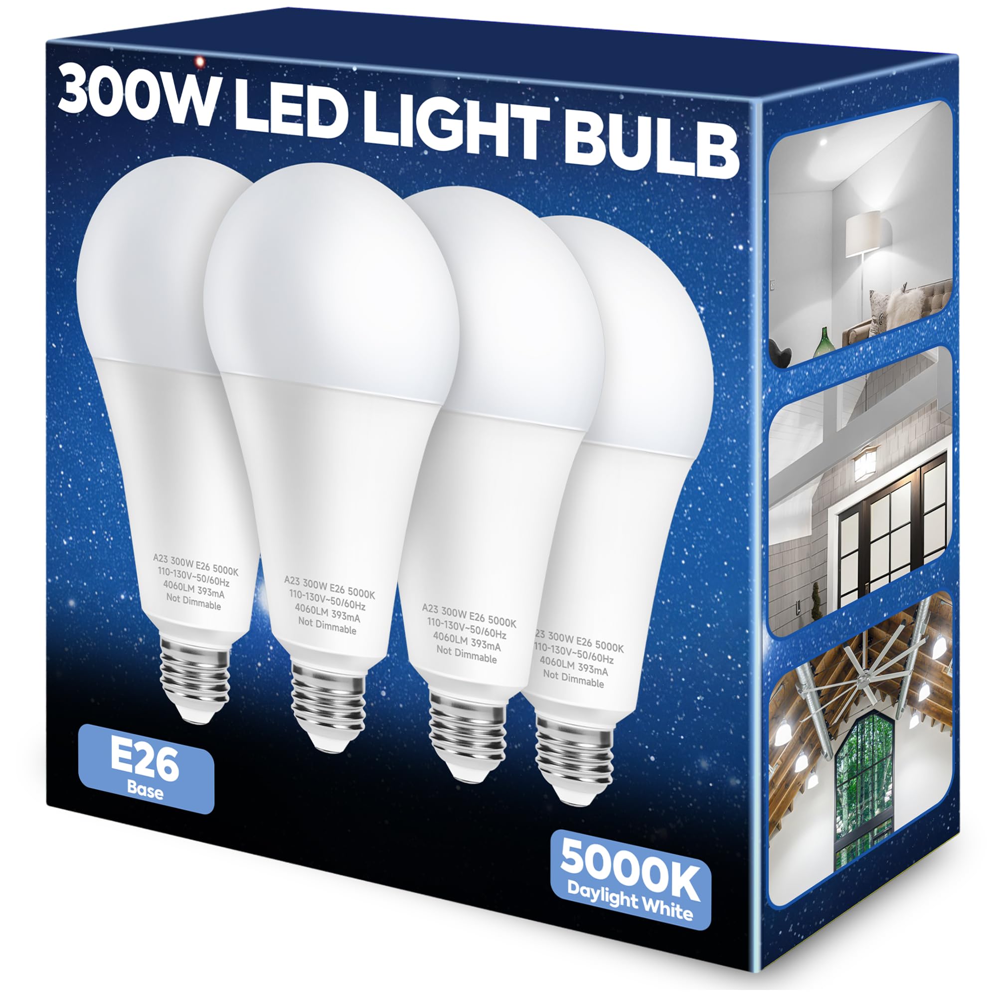 Nouscan LED Light Bulb 300W Equivalent, 4060LM, Daylight 5000K, E26 Base, 33W Energy Saving, Non-Dimmable, 4 Pack
