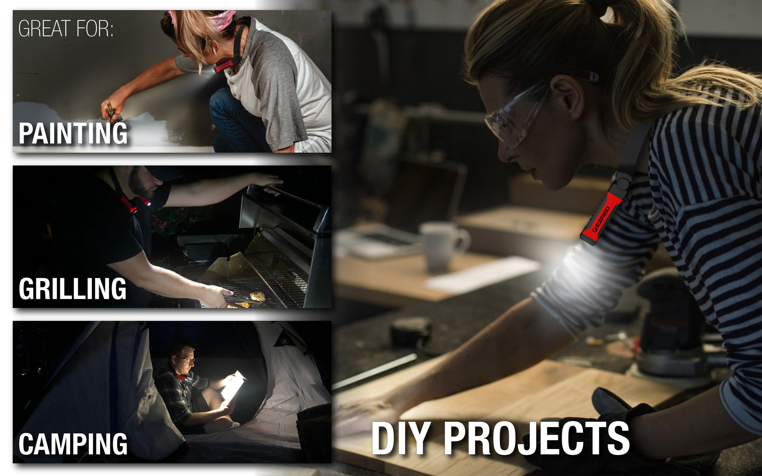 EZRED NK10 ANYWEAR Neck Light, Hands-Free Lighting, Red and Black, Ideal for Mechanics, Camping, DIY Projects, Reading