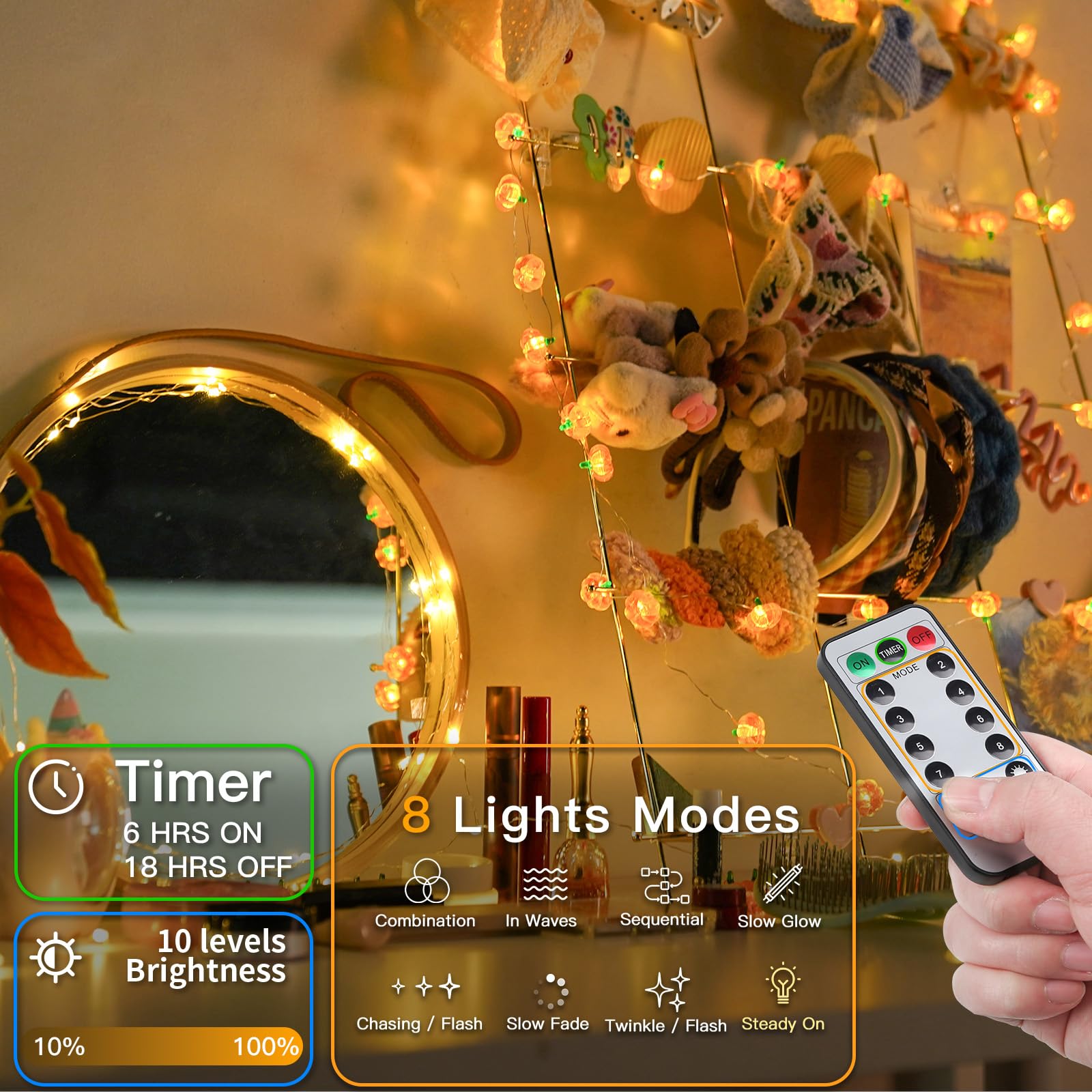suddus Thanksgiving Lights - 40 LED Battery Operated Fairy Lights, 12.8 Ft, Orange Tiny Pumpkin, 8 Modes for Indoor Decorations