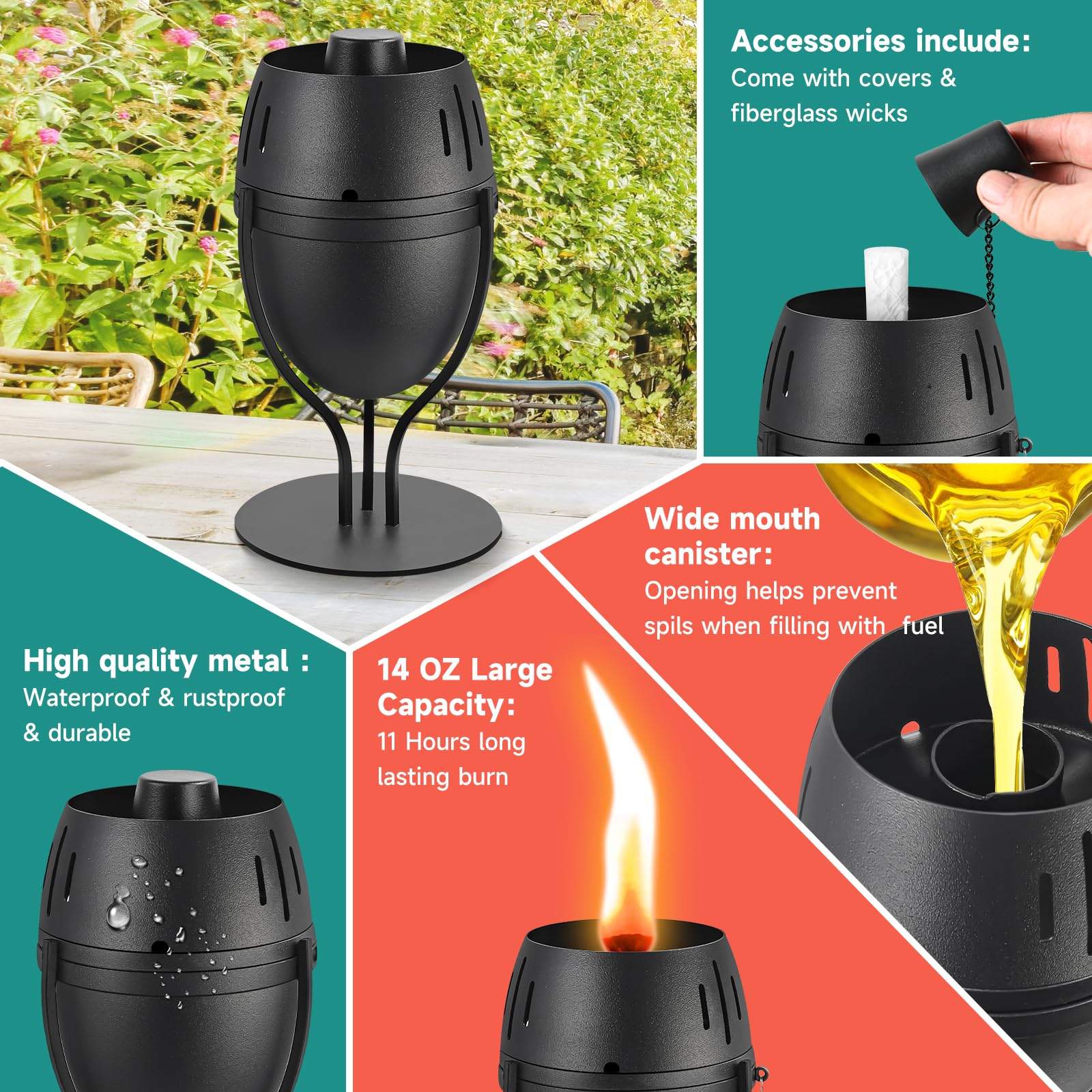 Fan-Torches 4 Pack Metal Citronella Tabletop Torches - Refillable Decorative Lanterns For Outdoors