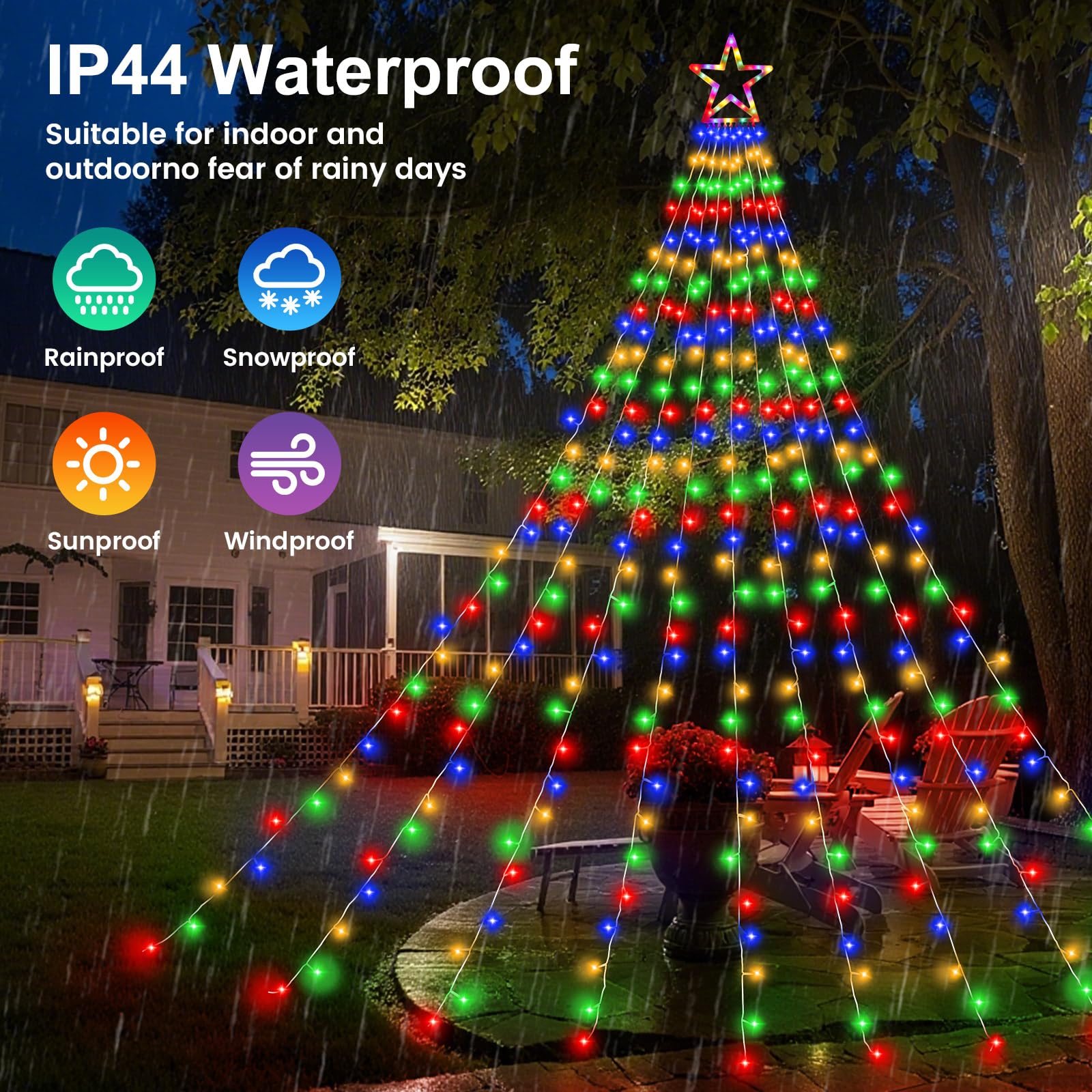 DINGFU 11.5 ft 317 LED Star Christmas Tree Lights, Multicolor, 8 Lighting Modes, Timer, Outdoor Decorations for Yard, Party, Wedding