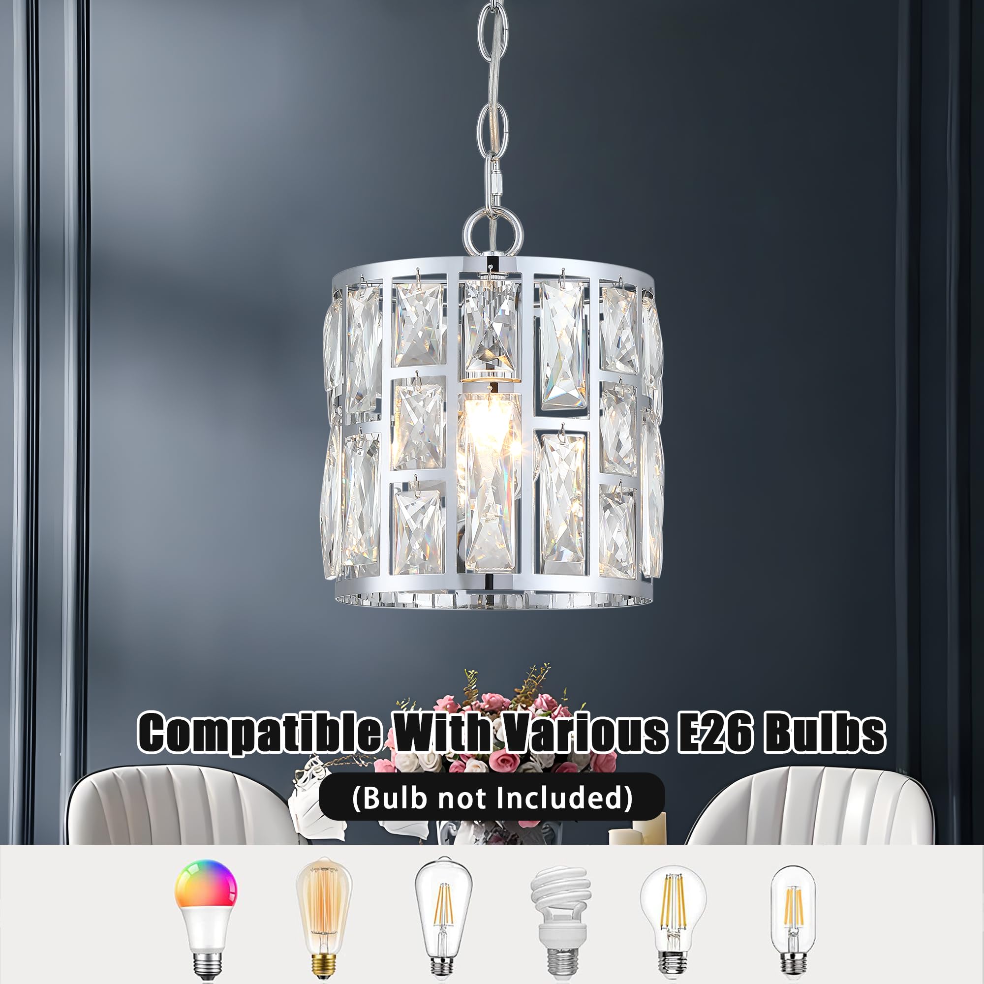 Modern Crystal Pendant Light,Chrome Chandelier Light Fixture, Cylinder Adjustable Height Pendant Lights For Kitchen,Dining Room,