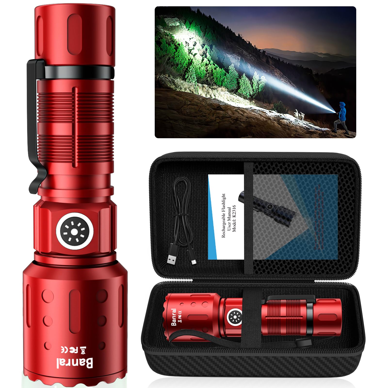 Banral High Lumens Rechargeable Flashlight, 6 Modes, LED Tactical, Small, Waterproof, Model K-2316-B, Red