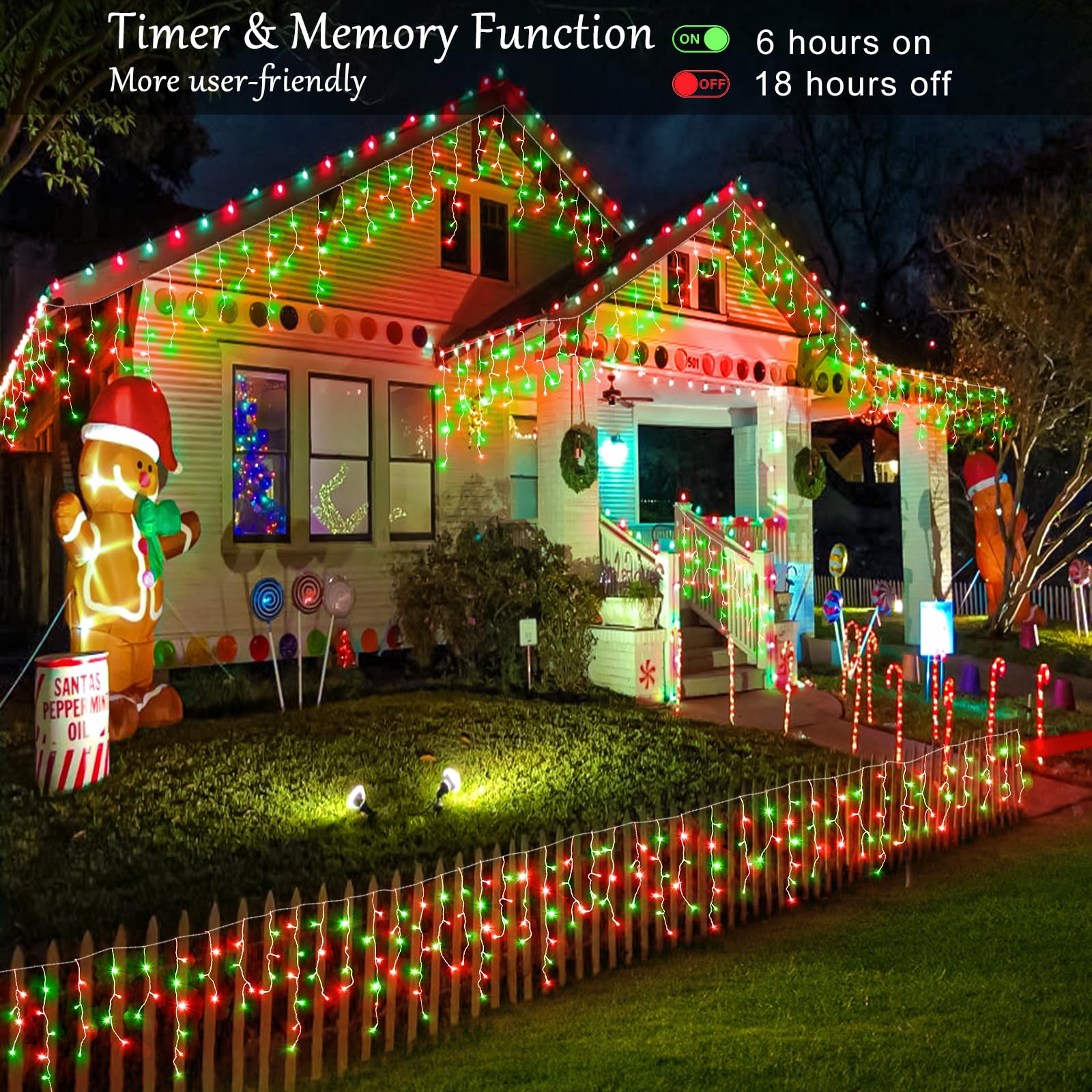 33Ft Red And Green Christmas Lights Outdoor, 400 Led Icicle Lights For Outside, Plug In Twinkle Lights Indoor With 8 Modes Timer