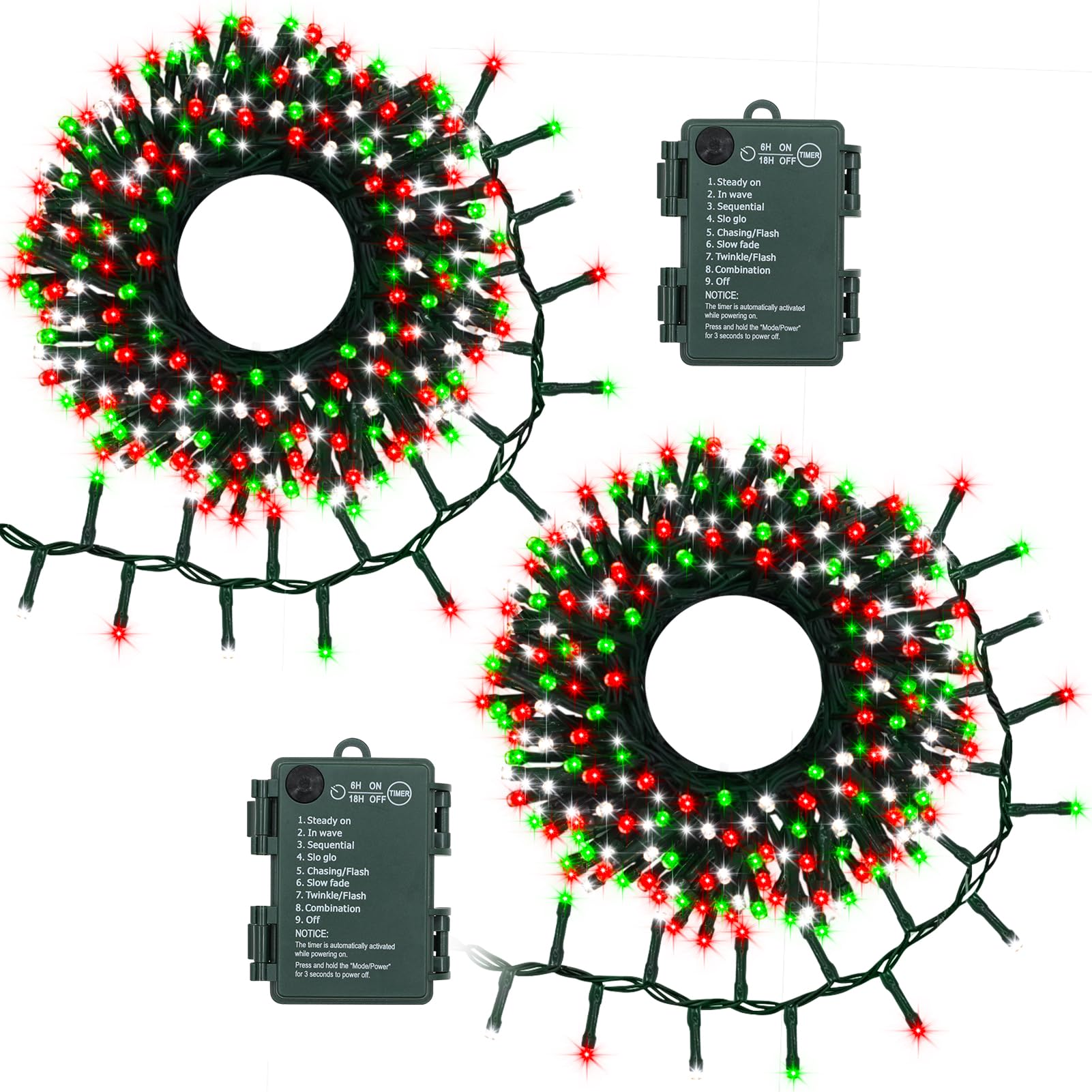 BSGlobal 2 Pack Christmas Lights Red White Green, Total 20Ft 400 LED String Cluster Lights with Timer 8 Modes Christmas Firecrac