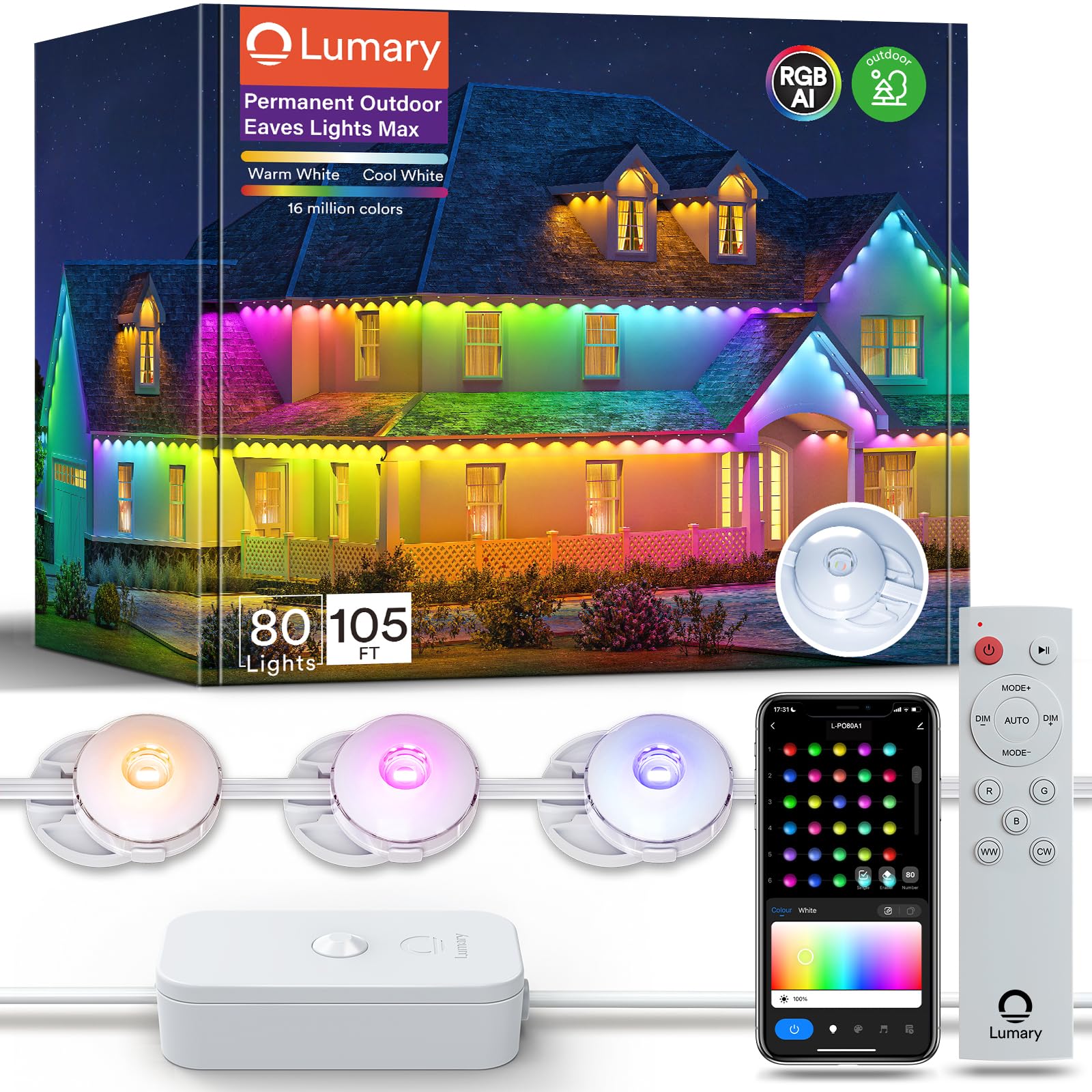 Lumary Permanent Outdoor Lights Max  105Ft With 80 Led Eave Lights 4800Lm  Rgbaicw Smart Outdoor Lighting Ip67 Waterproof  Scene Modes For Daily And Accent Lighting  Works With Alexa/Google Assistant