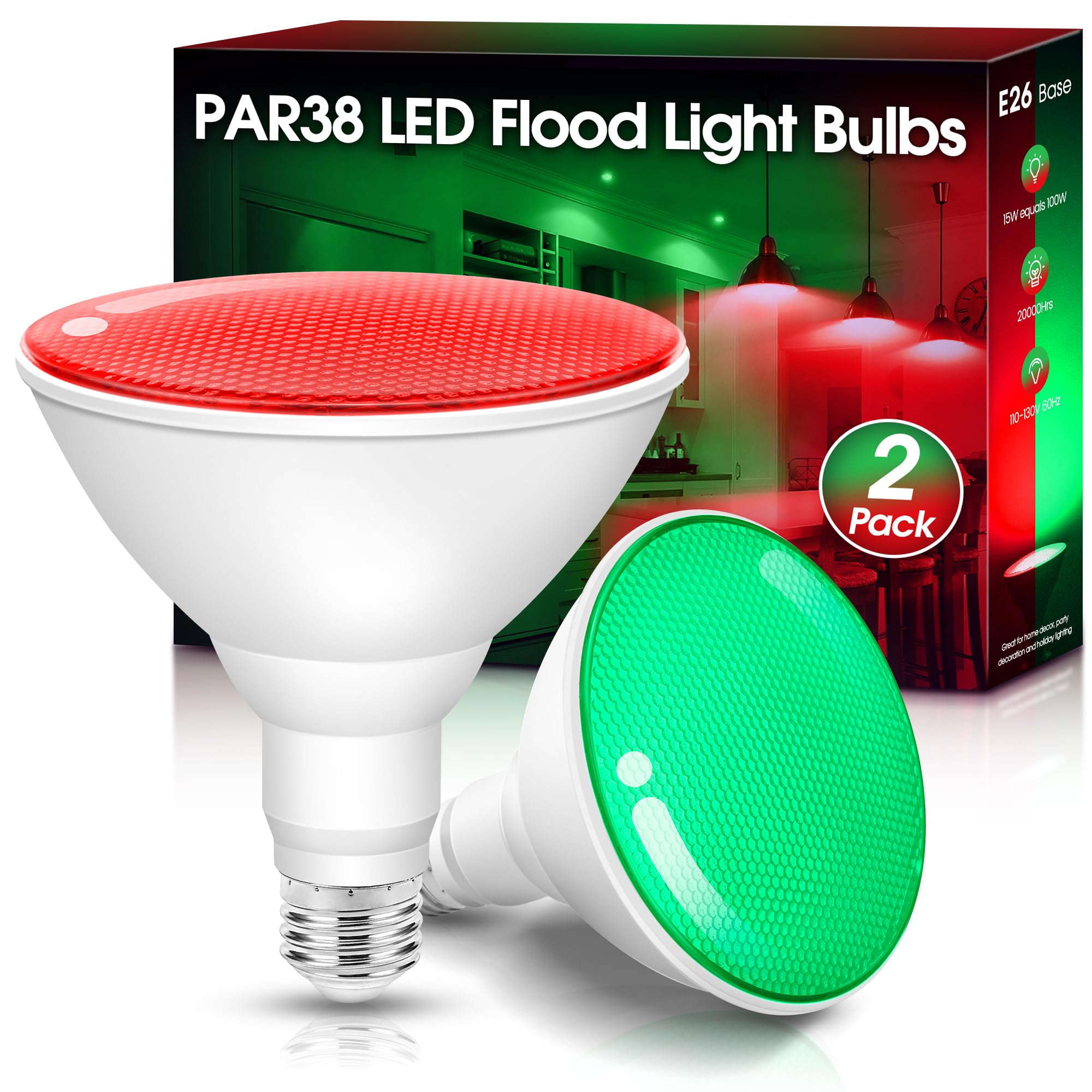 Red and Green Light Bulbs ?2 Pack?, Par38 LED Red Green Flood Light Bulbs Outdoor for Christmas Decor 15W E26, Christmas Light B