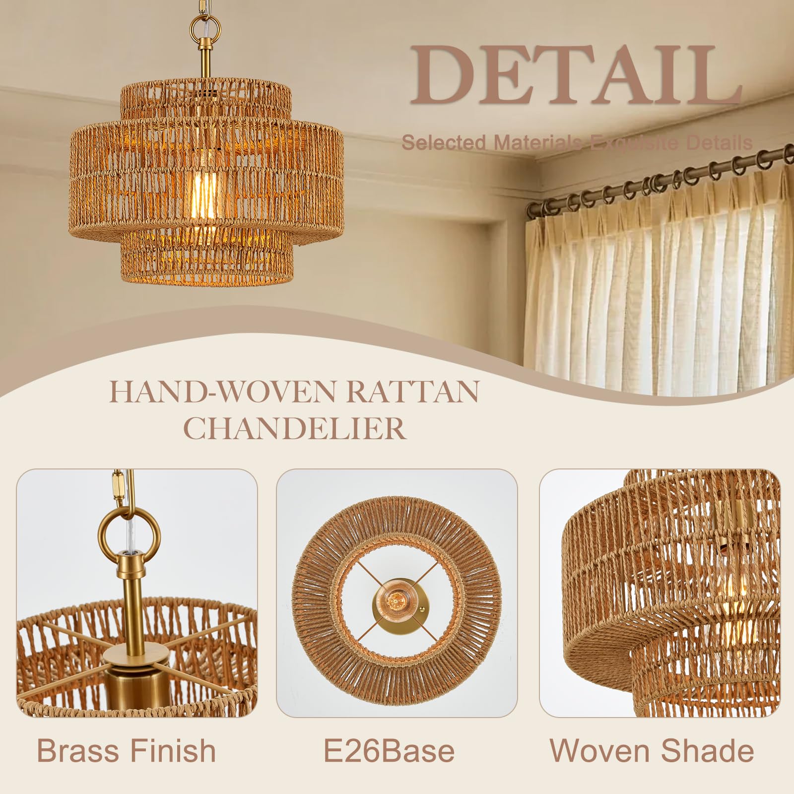 Tunkayli 12.6 Rattan Pendant Light Fixture Vintage Farmhouse Hand-Woven Boho Bamboo Pendant Lighting Mini Drum Wicker Golden Chandelier For Kitchen Island  Bedroom  Dining Room  Entryway  Foyer