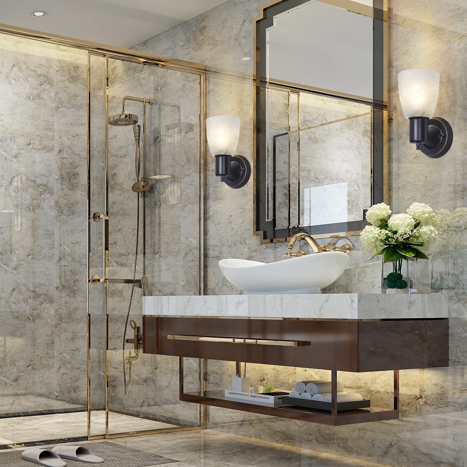 Wall Sconces Set Of 2, Matte Black Vanity Lights For Bathroom, Modern Wall Light Fixtures With Rotary Switch, Wall Mount Light W