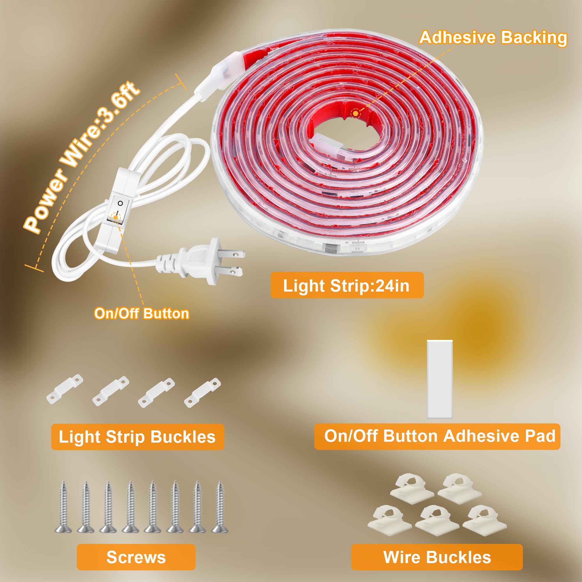 maylit Under Cabinet LED Strip Lighting 24in, Warm White 2700K, PCB+LED, Plug-in Light Bar for Kitchen, Desk, Closet, Indoor Use