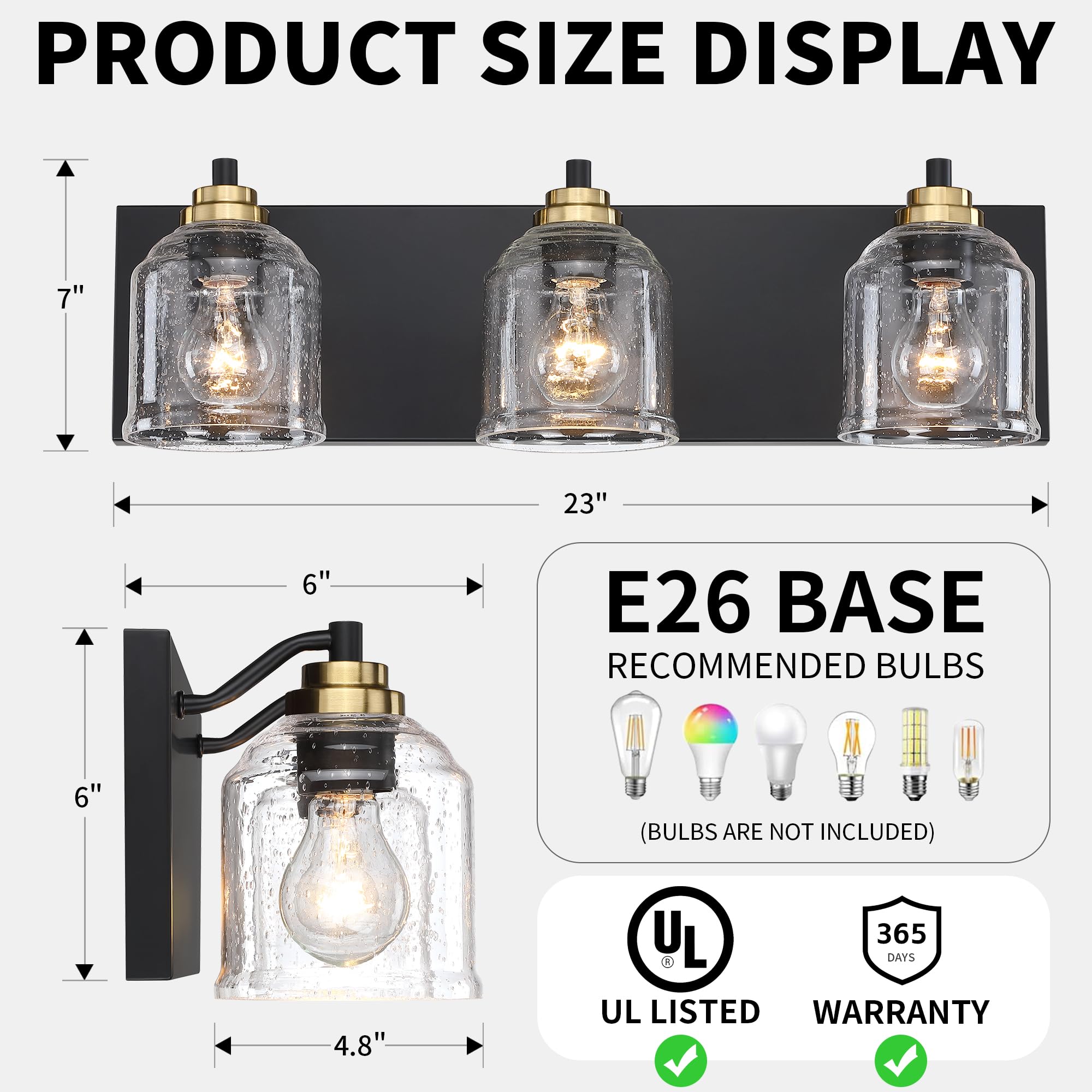 YKLITG 23" Farmhouse Bathroom Vanity Light, 3-Light Black & Gold Metal Sconce with Bubble Glass Shades, Model BD005
