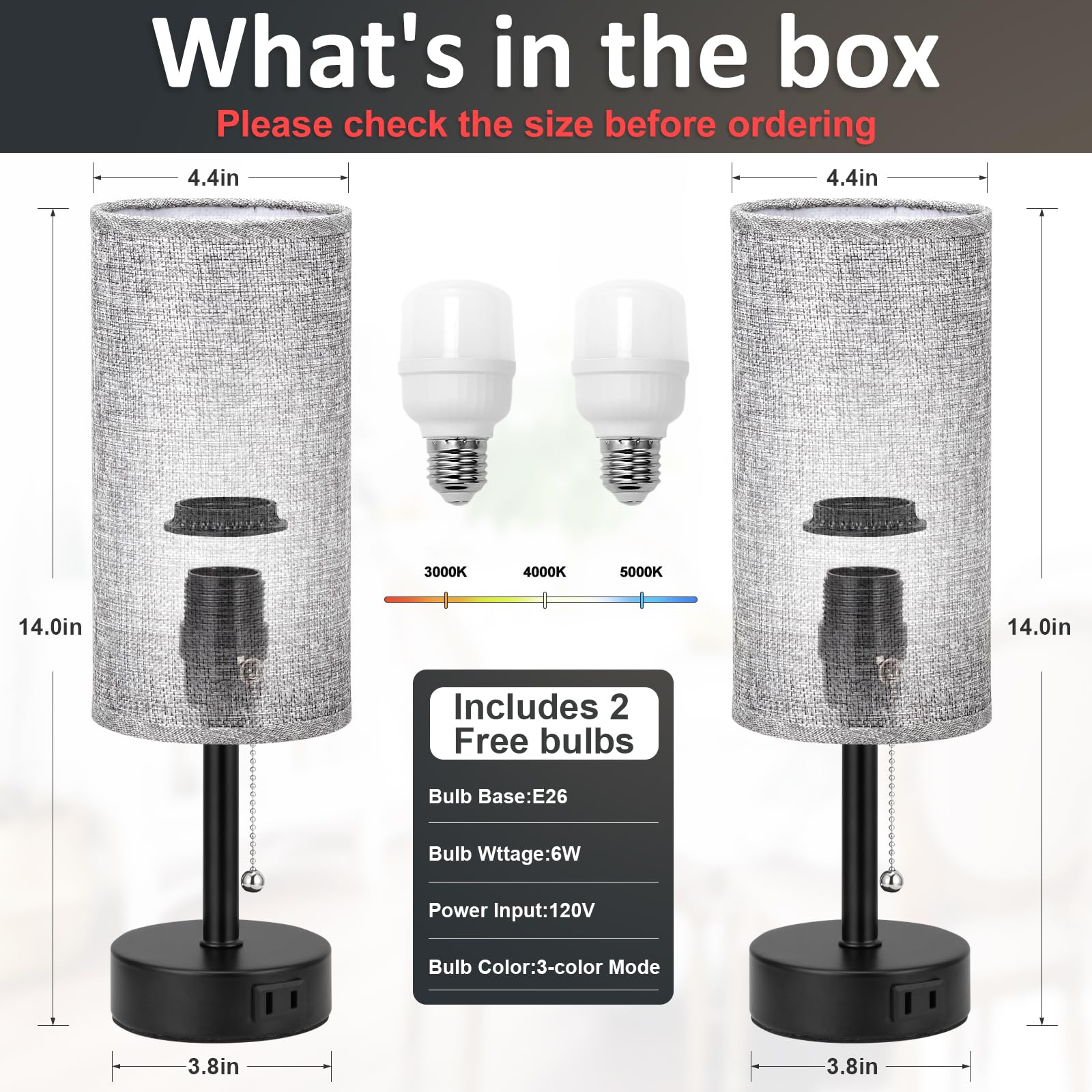 Fenmzee Grey Bedside Table Lamps Set of 2 - 14in Pull Chain with AC Outlet, E26 LED Bulbs
