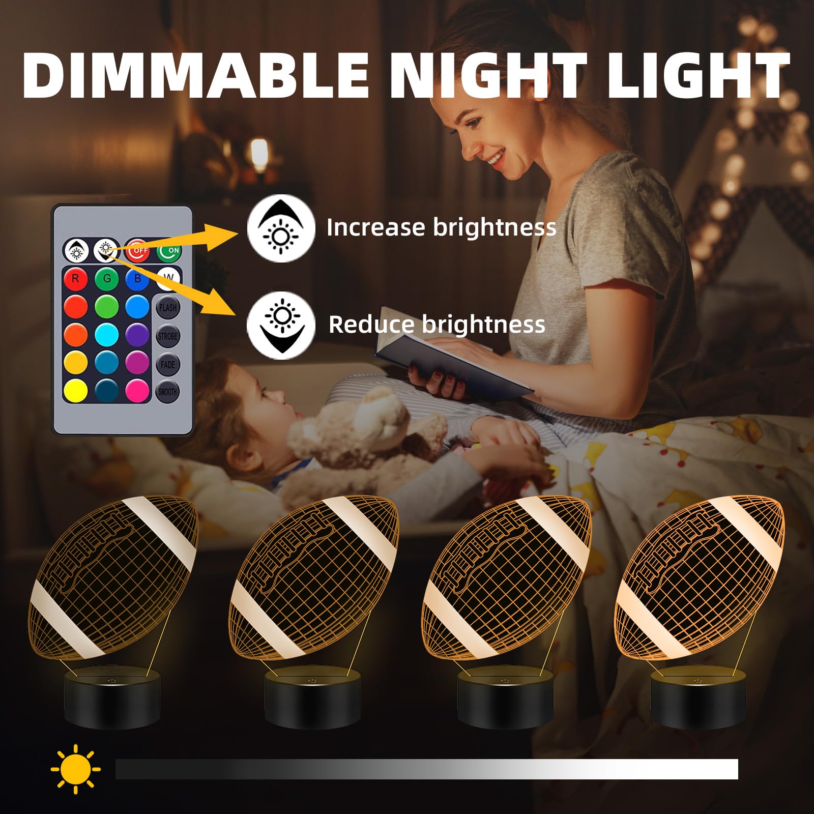Menomino Football Gift 3D Night Light, 16 Colors Changes Remote Control 3D Night Lamp, Led Motorcycle Room Decor, Rugby Toys, Bi