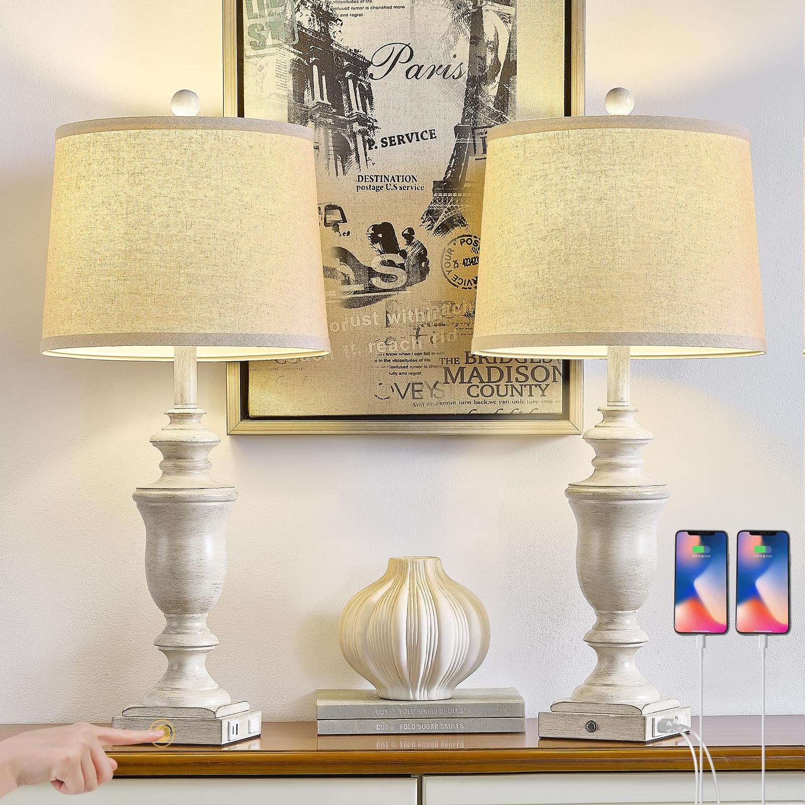 SAIWEYA Farmhouse Table Lamps Set of 2, 3 Way Dimmable, USB & AC Outlet, 27.5in, Antique Beige, Model TM-T04
