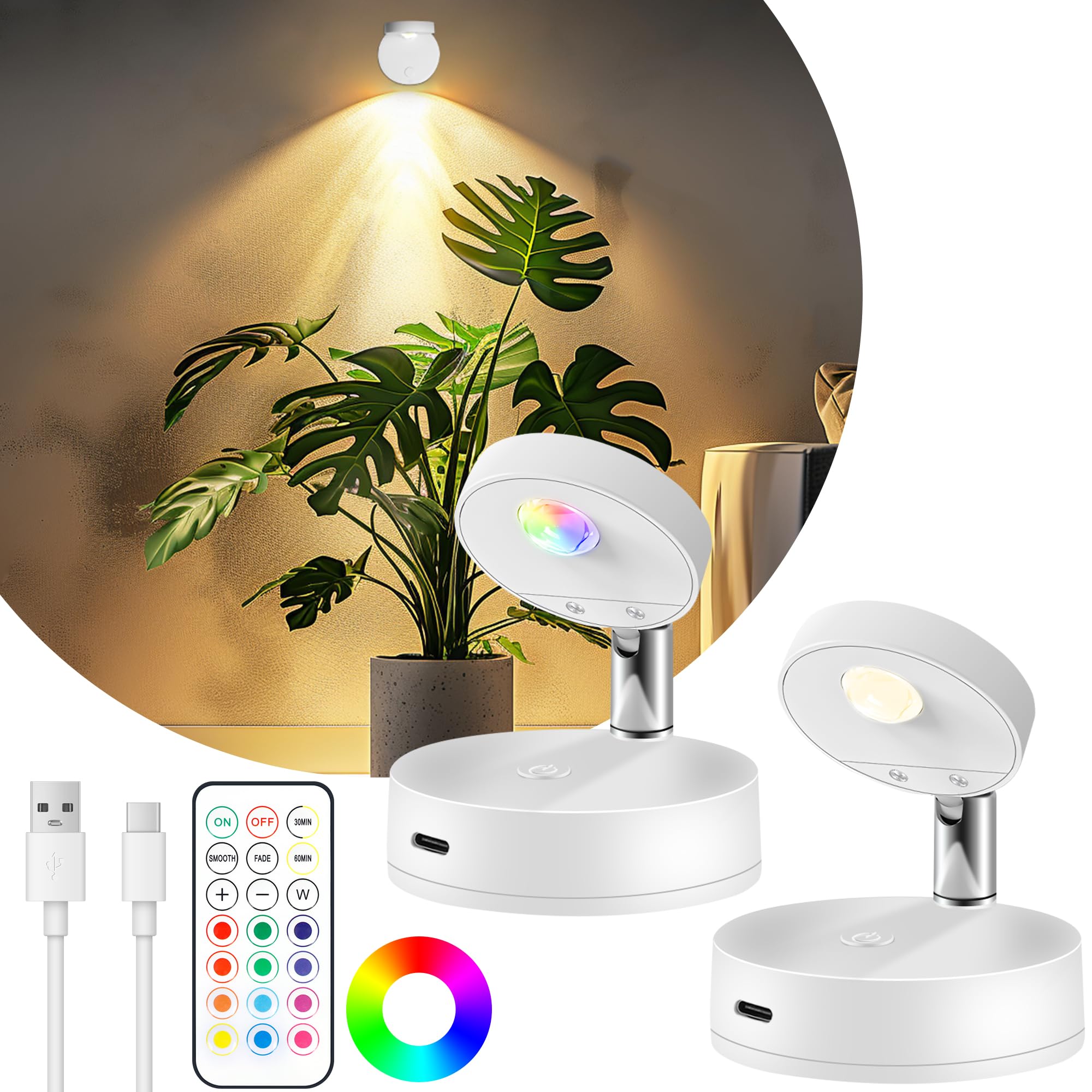 2 Pack Rechargeable LED Spotlight for Indoor, Wireless RGB Spot Light with Remote, Magnetic Picture Battery Operated Lamp, Ceili