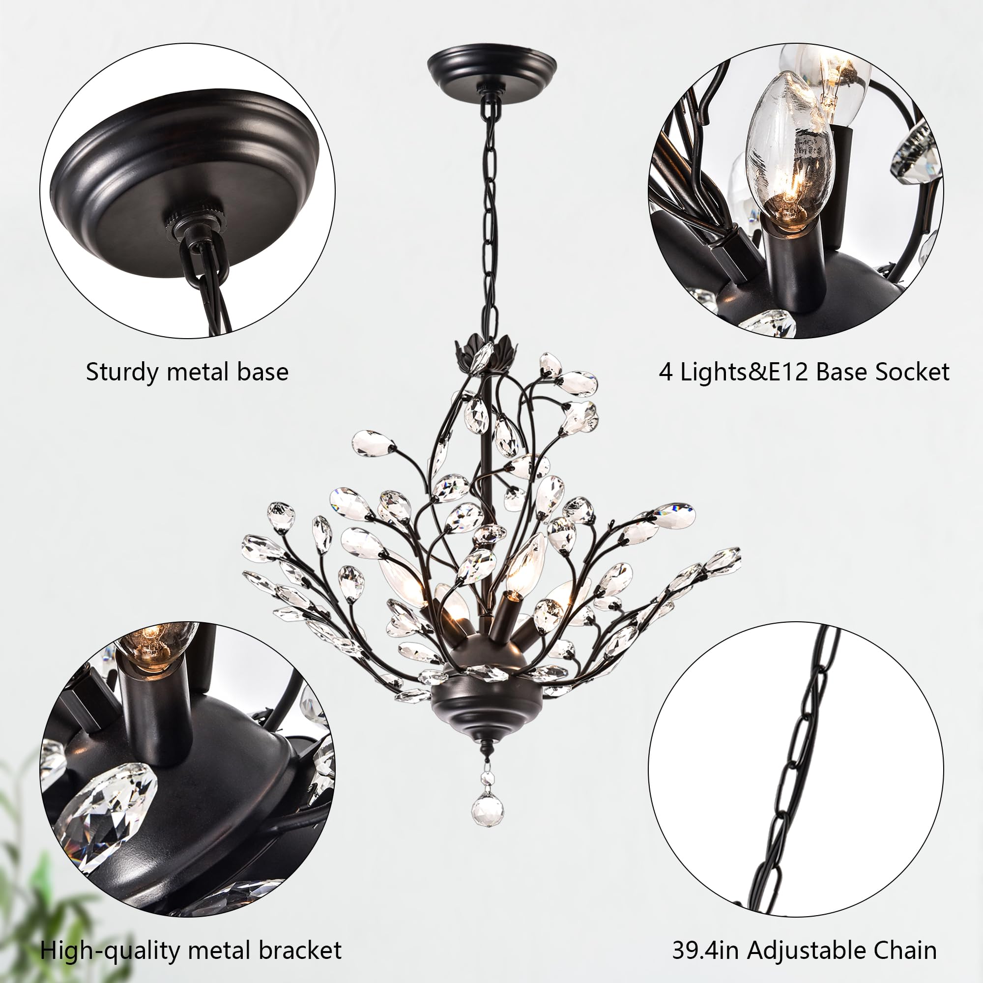 Maxax 4-Light Vintage Crystal Branch Chandelier, Black Metal Pendant Light for Dining Room, Living Room, Bedroom, Model 19046