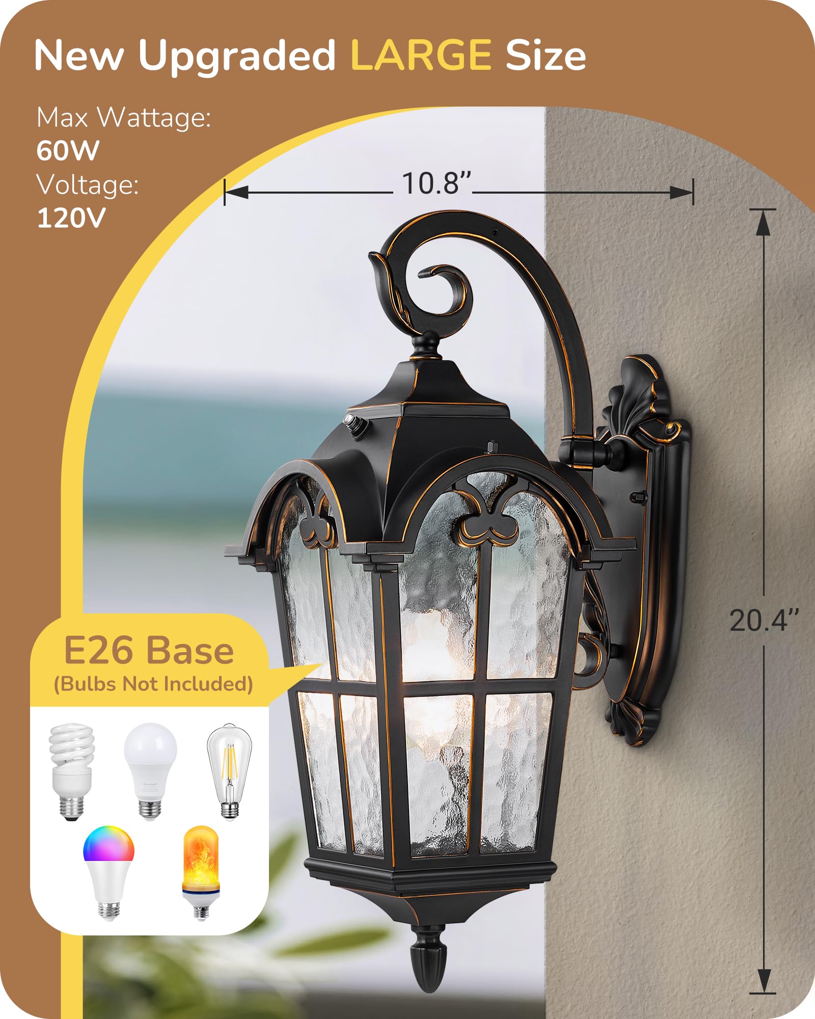 EDISHINE Dusk to Dawn Outdoor Wall Light, Black Aluminum Lantern Sconce, E26 Base, 2 Pack