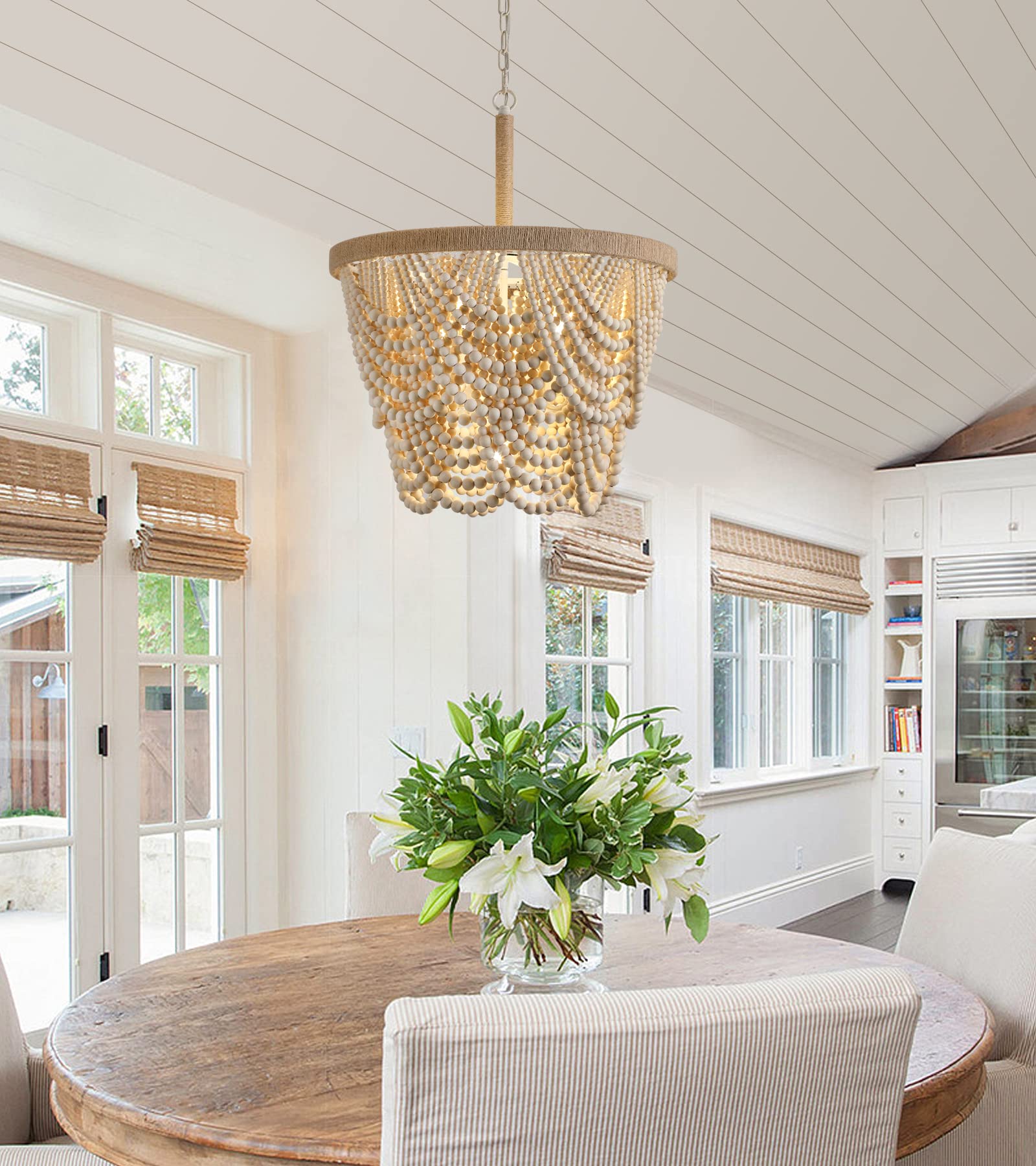 Q&S Boho Wood Beaded Chandelier, 5 Lights 20IN, Farmhouse Coastal Design, UL Listed, Ideal for Dining Room & Living Spaces