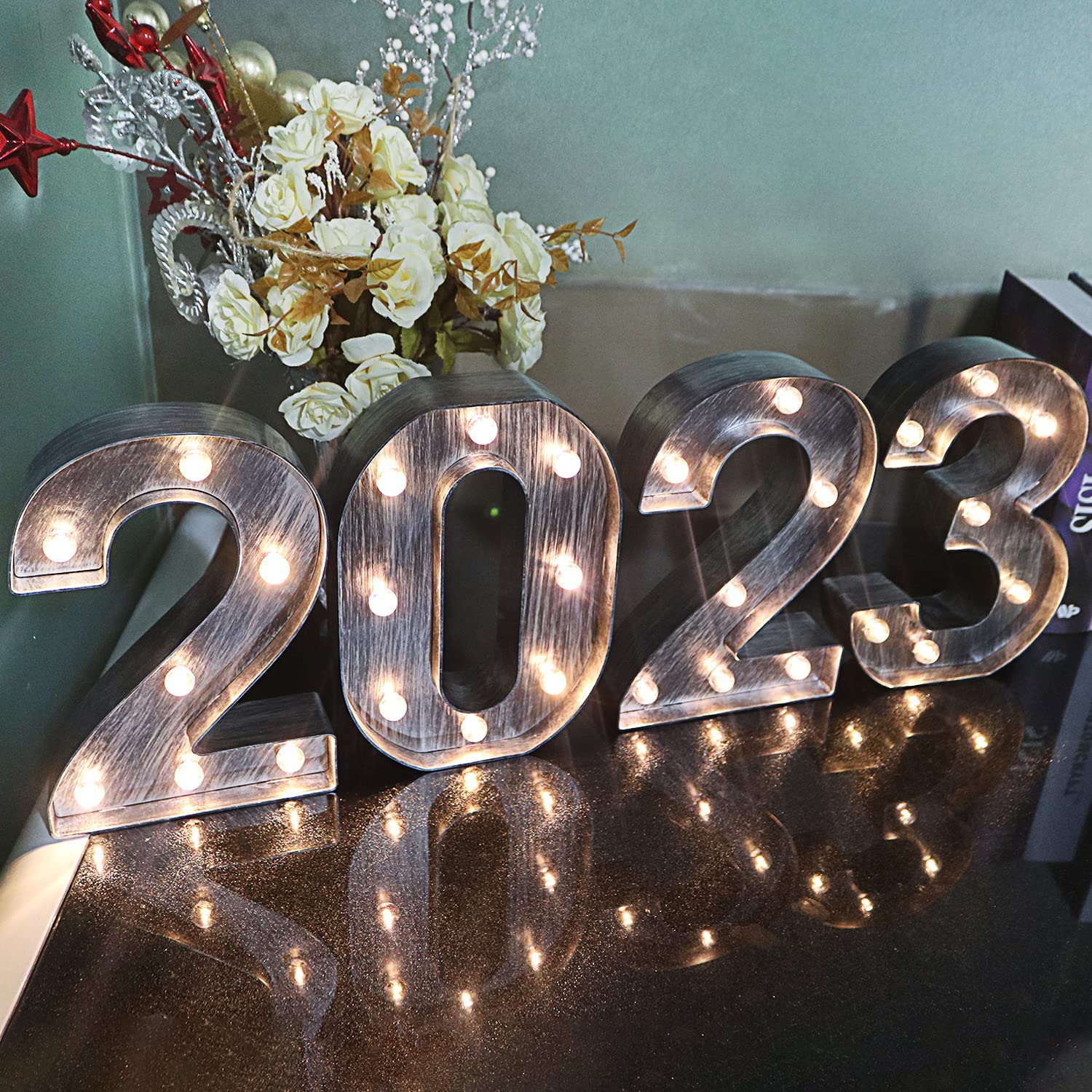 Brushed silver gray LED Number Lights Light Up Number Sign for Night Light Wedding/Birthday Party Battery Powered Christmas Lamp