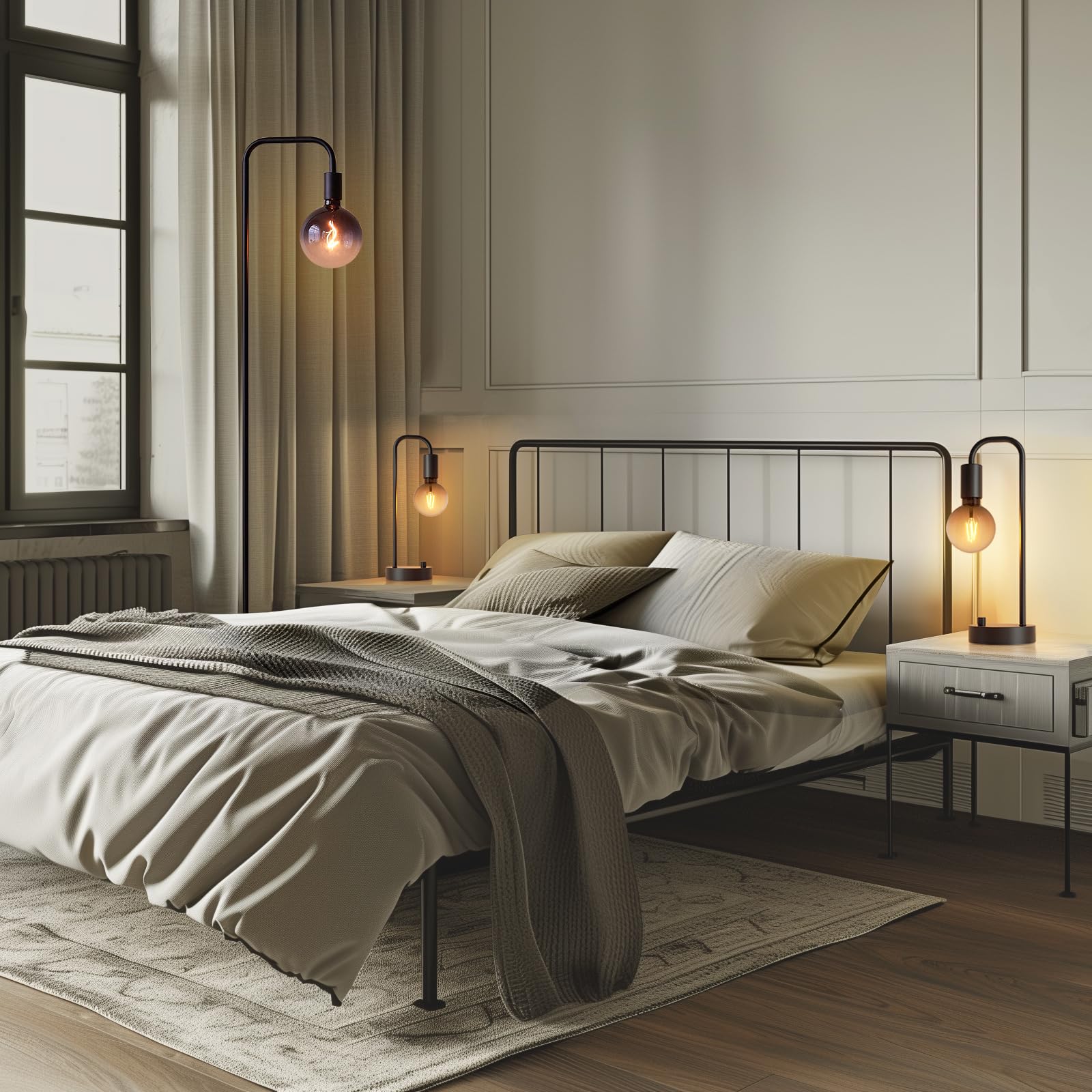 Onewish Industrial Lamp Set 3 Piece-1 Floor Lamp And 2 Dimmable Table Lamp- 3 Pack Modern Matching Floor And Table Lamp With Gra