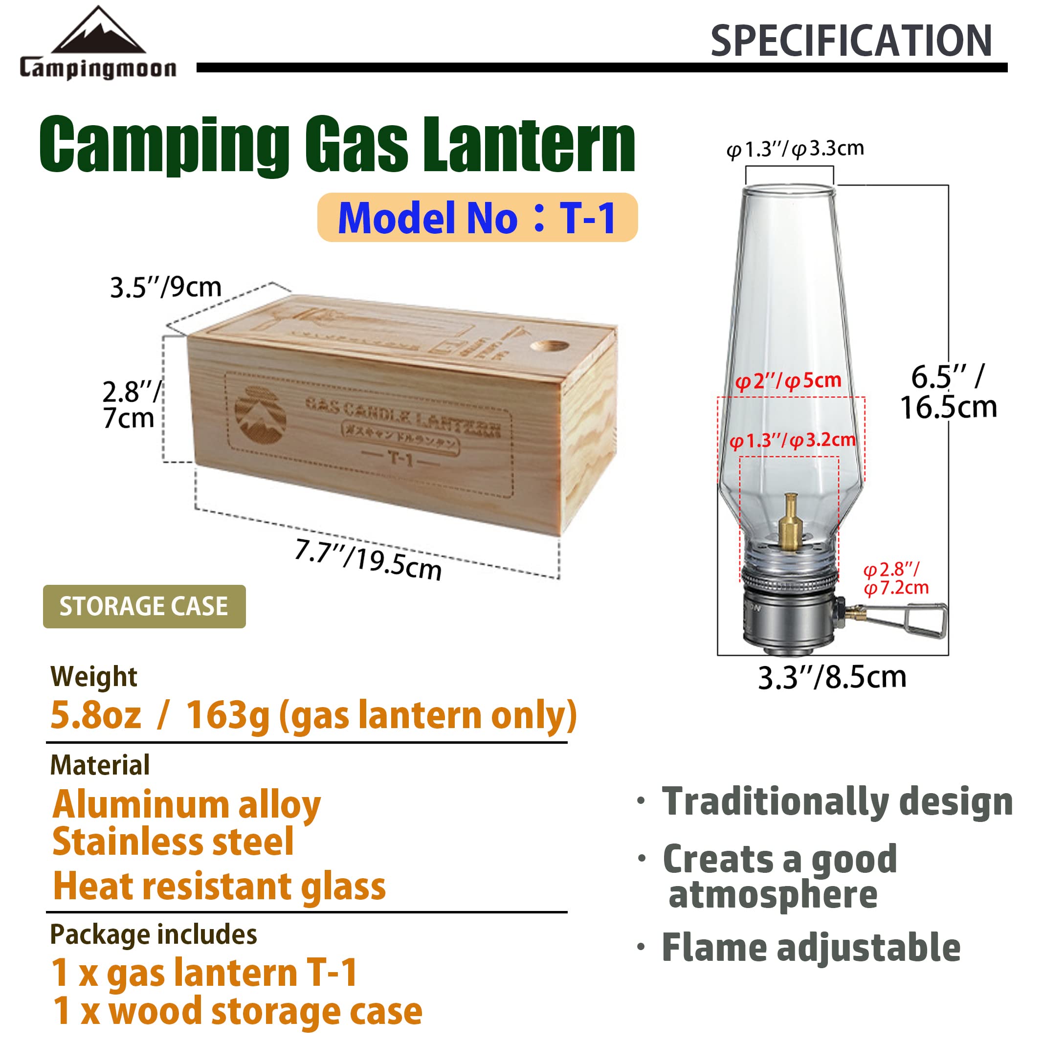 CAMPINGMOON Camping Gas Lantern with Wooden Lantern Case T-1