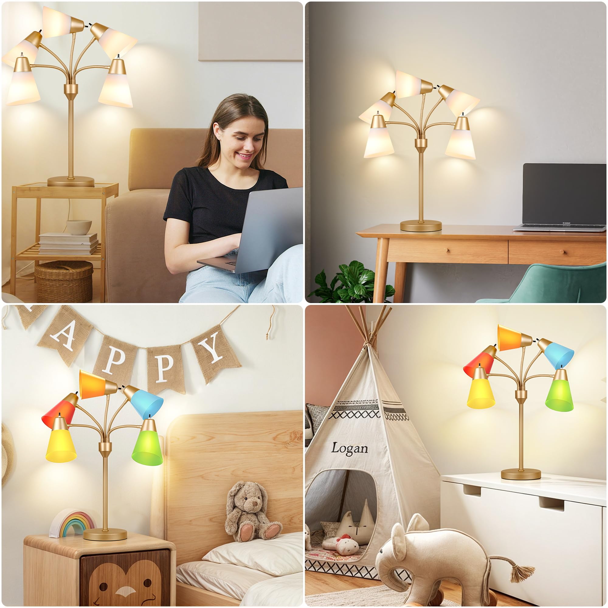 Medusa Led Table Lamp For Bedroom, Multi Head 5 Shade Modern Bedside Lamps, Arm-Adjustable Lamp For Night Stands, Desk Lamp With