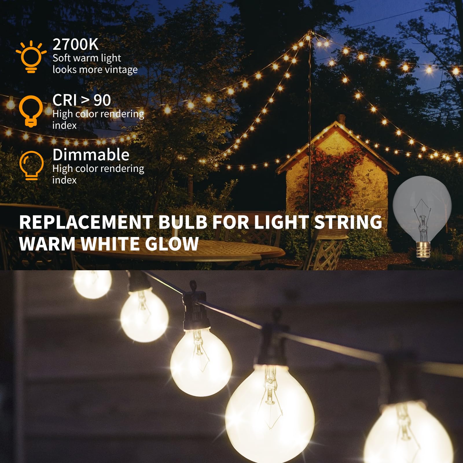 HINUAXBULB 40W G50 Wax Warmer Bulbs - 8 Pack, Clear Fiberglass, Incandescent E12 Base for Indoor/Outdoor Use
