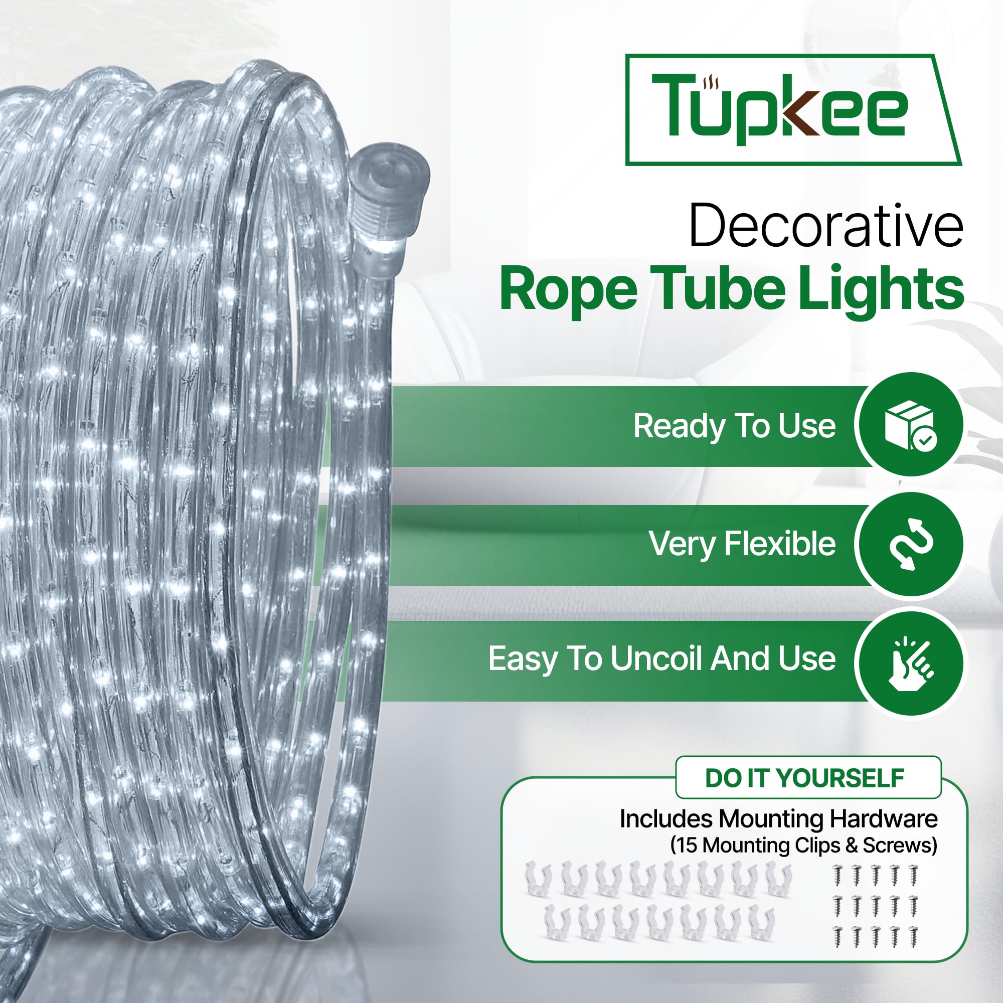 Tupkee LED Rope Light, Cool-White, 24 Feet, PVC Tube, Pack of 2, Model RL-24-LCW2