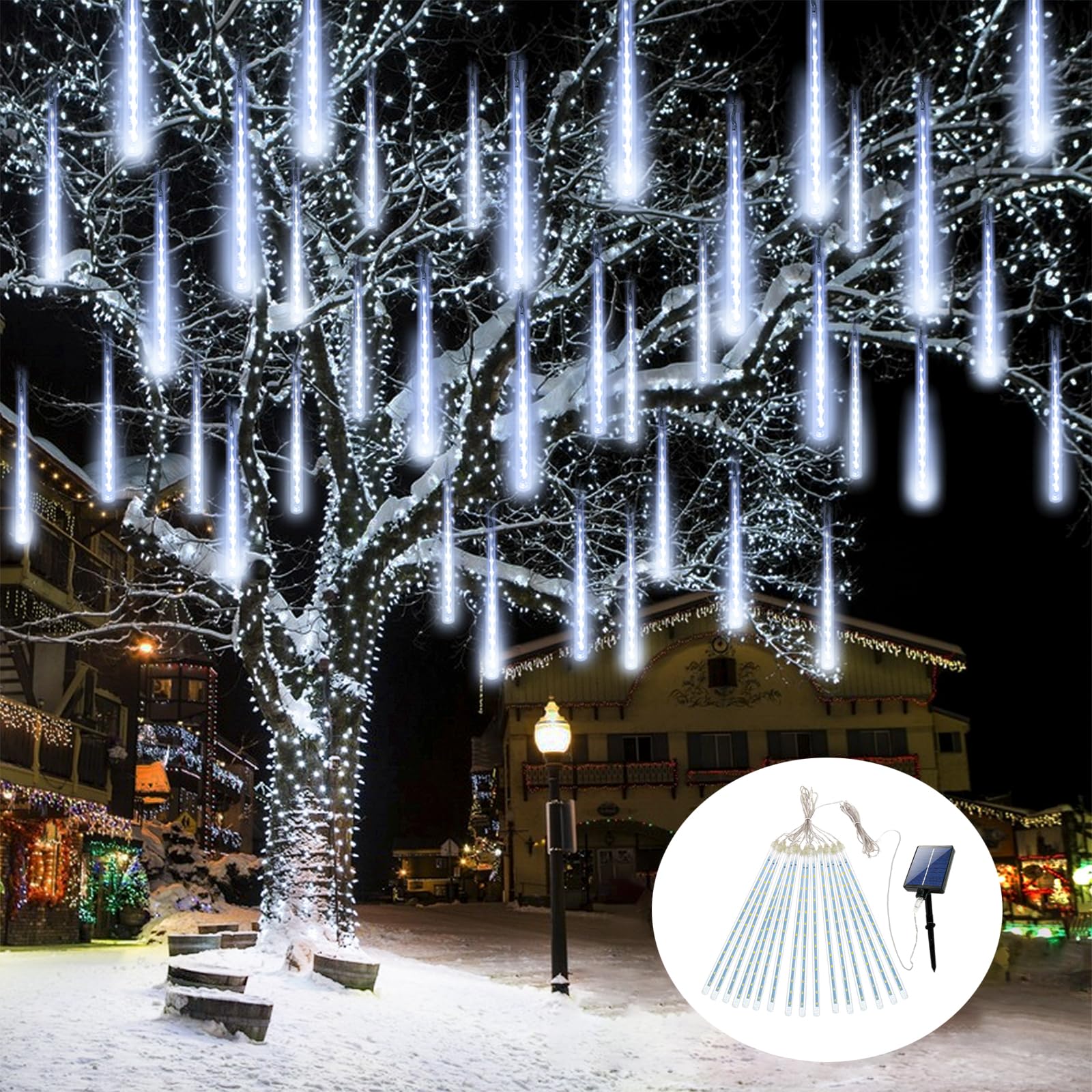 EXF Solar Meteor Shower Lights 16 Tubes 384 LEDs Cool White Waterproof 1 Pack MSL-01 for Outdoor Christmas Decorations