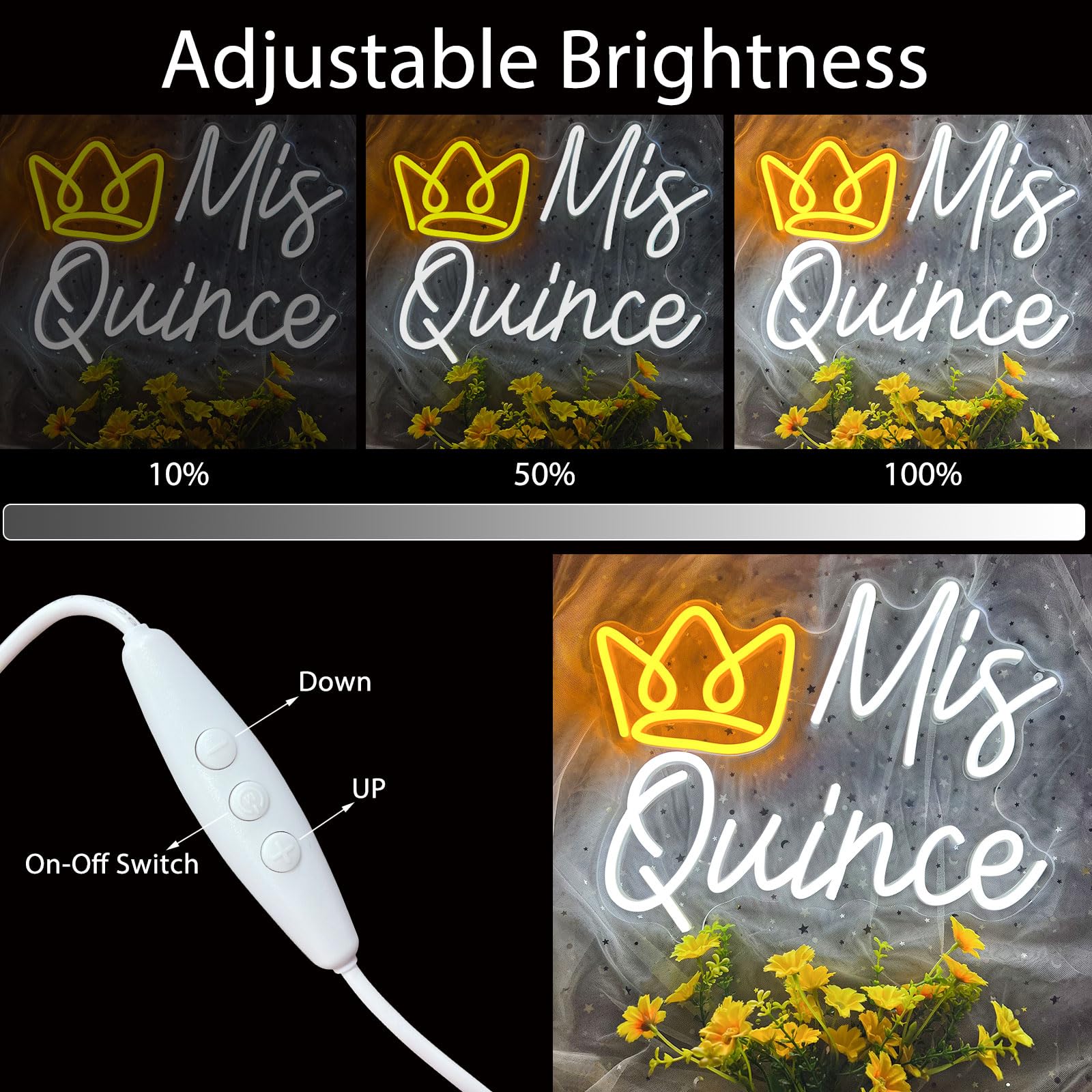 Nen Sign Mis Quince Neon Sign, LED Light with Crown, Dimmable, Plastic, Model NHD2023080701, Ideal for 15th Birthday Party Decor