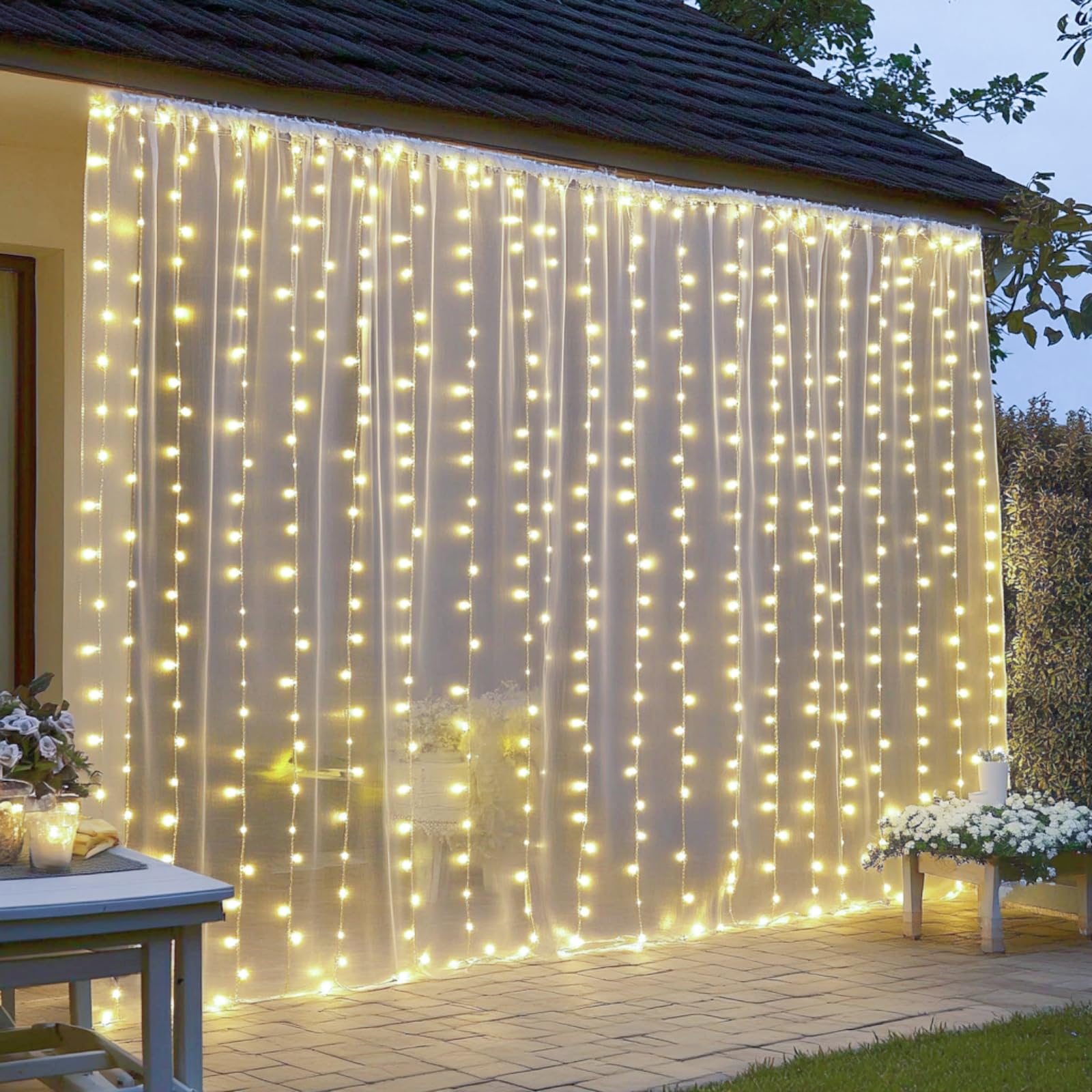 Patioman Fairy Curtain Lights, 200 LED, Warm White, 6.6 x 6.6 Ft, Tangle-Free, USB Plug-In, Model PMFL01
