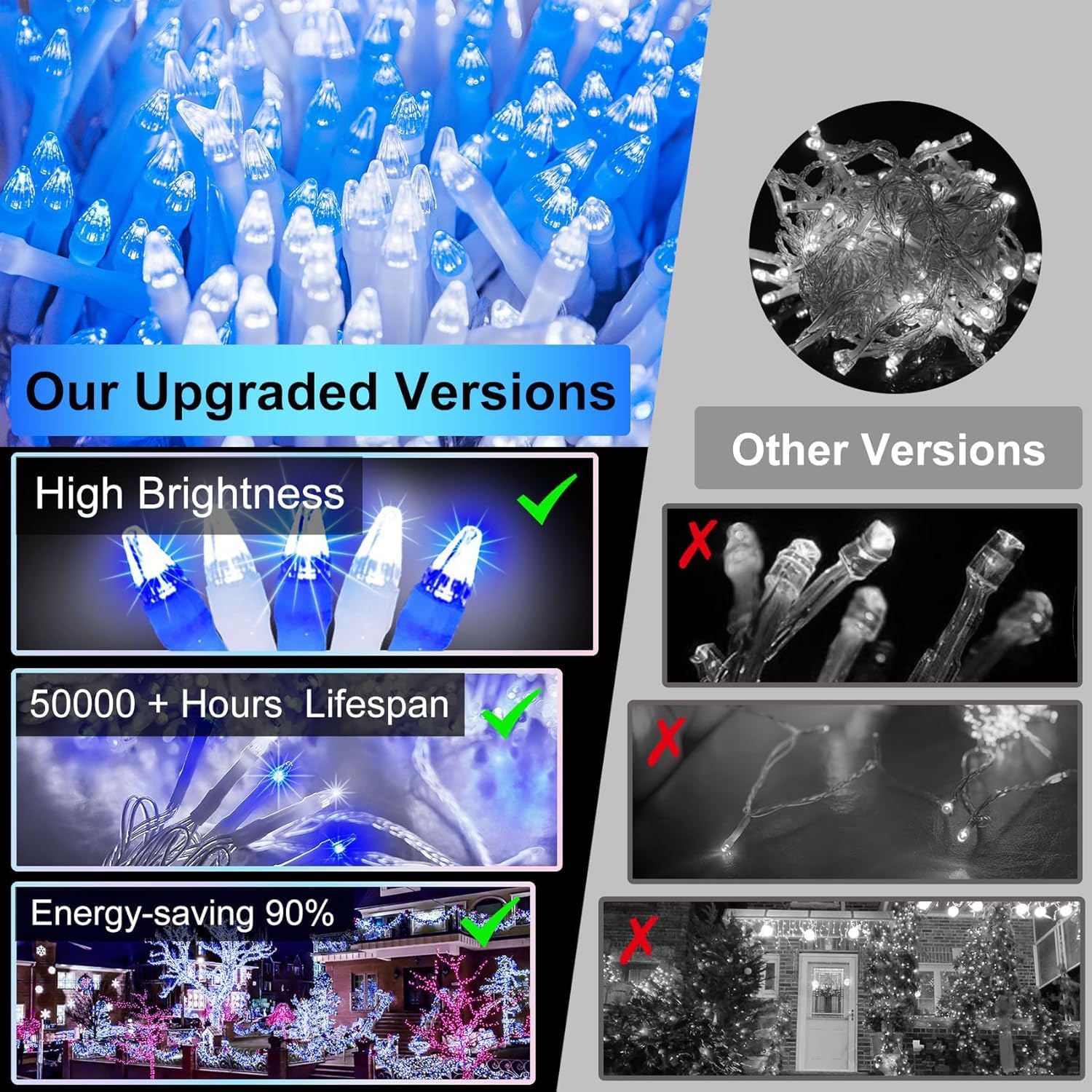 340 Led 90Ft Christmas String Lights Outdoor  12 Pro Modes And Timer Memory & Brightness  Plug In Outdoor Waterproof Clear Wire Twinkle Light For For Xmas Yard Tree Wedding Party Decor (Blue & White)