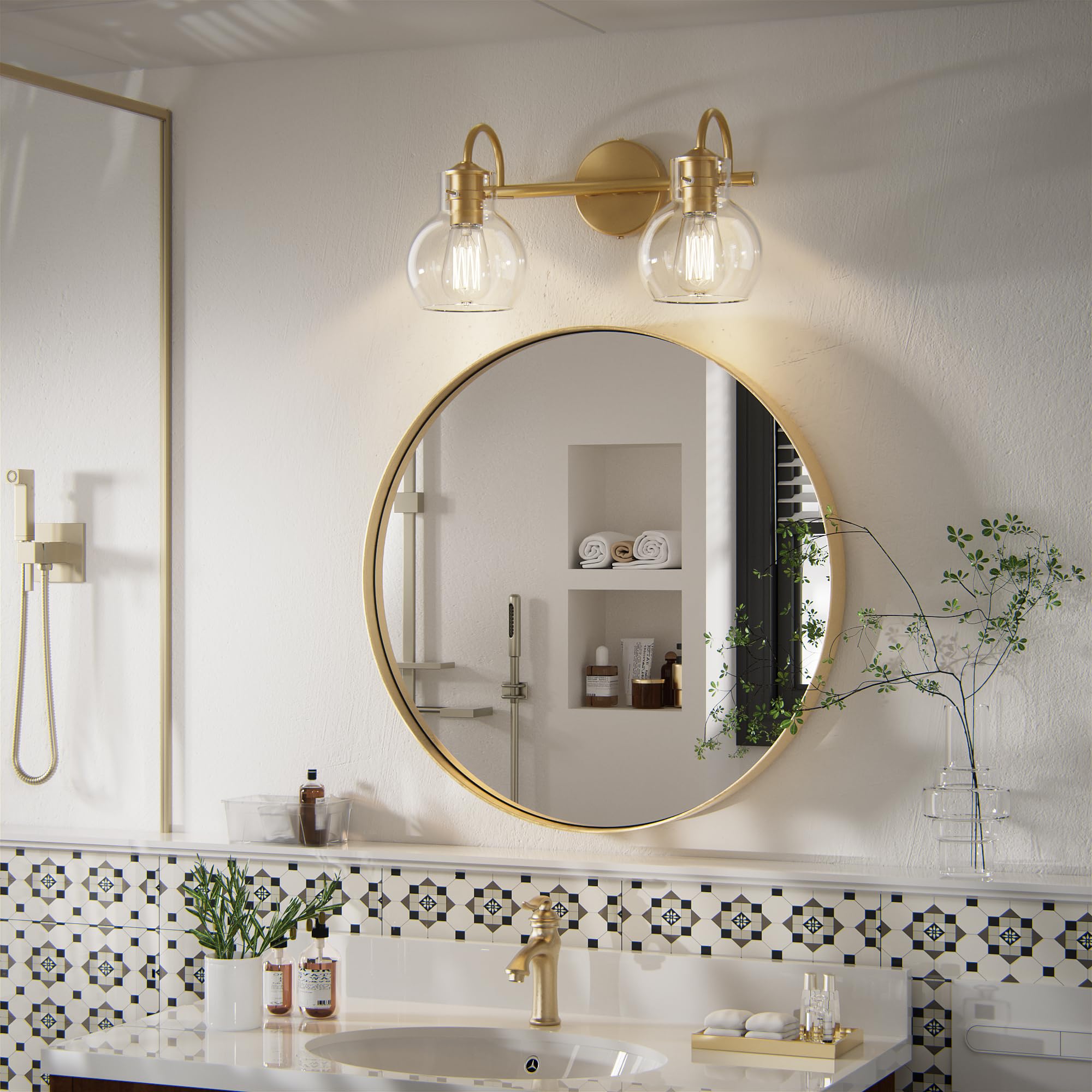 PAIHOME 2-Light Bathroom Light Fixture, Gold Metal Vanity Light with Globe Glass Shade, 15-Inch Over Mirror Sconce