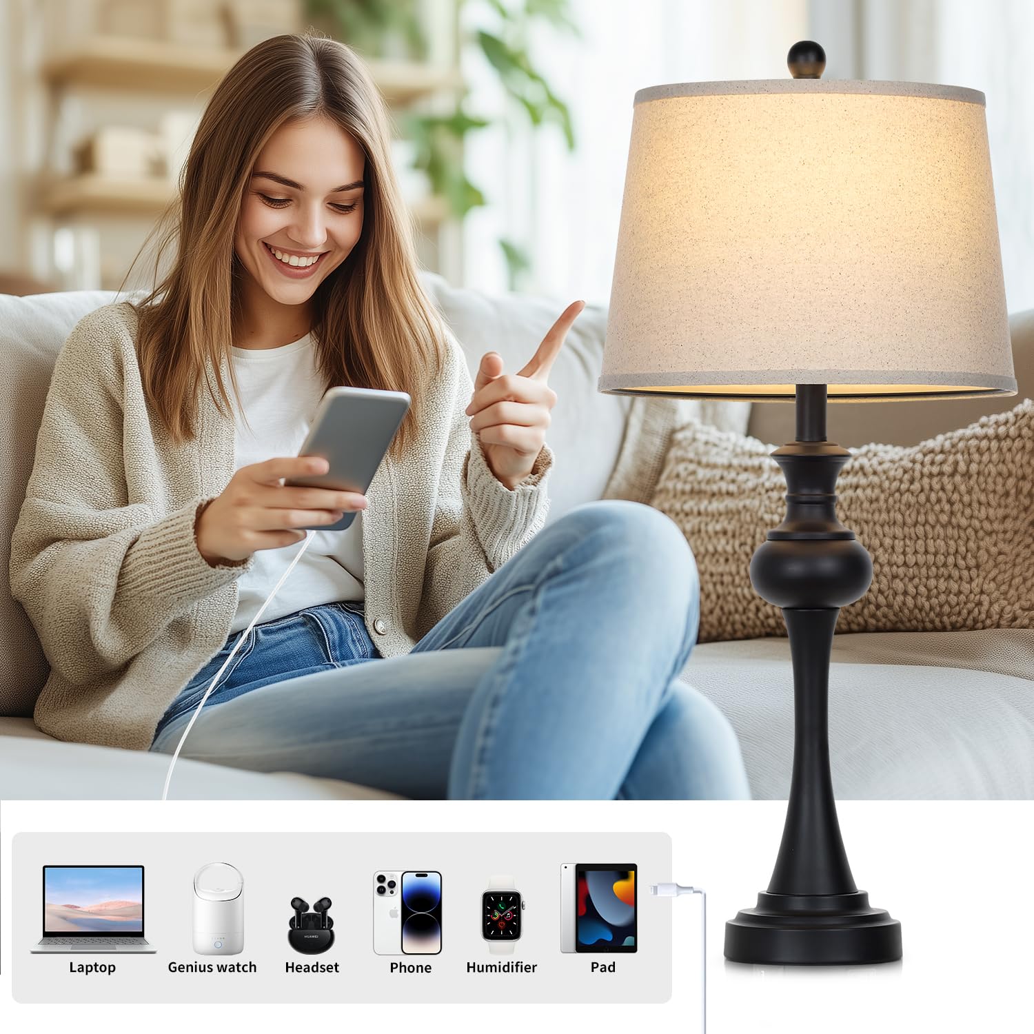 Cinyirong 3-Way Touch Control Modern Table Lamp Set of 2, 28.75", Black, USB A+C Ports, Mid Century, Beige Fabric Shade