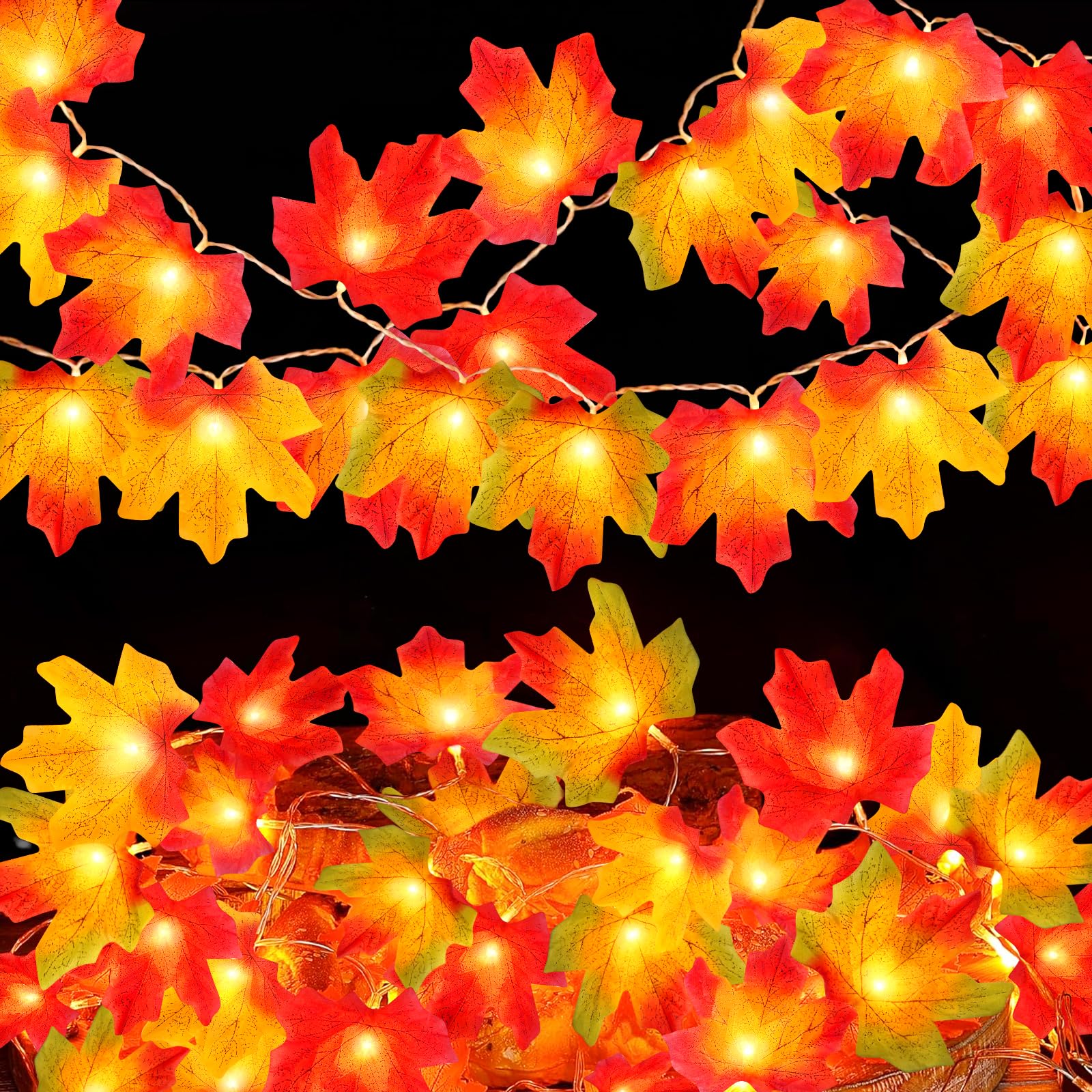 Eoako 20Ft Led Fall Maple Leaves String Lights - Warm White Outdoor Decor For Halloween & Thanksgiving