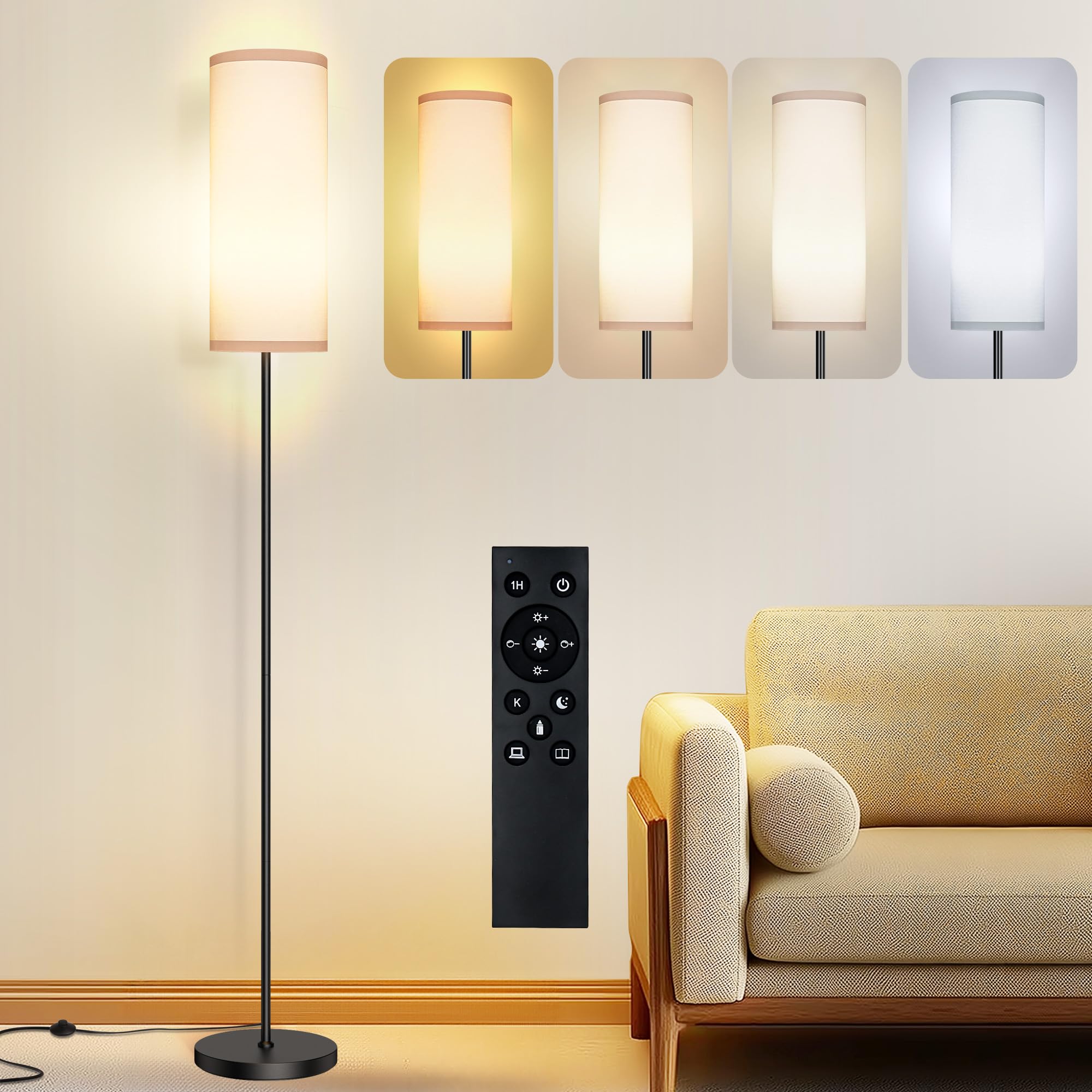 PARTPHONER Modern Floor Lamp with Remote Control, Dimmable LED Bulb, Adjustable Color Temperature, White, Model PAFP133AW1
