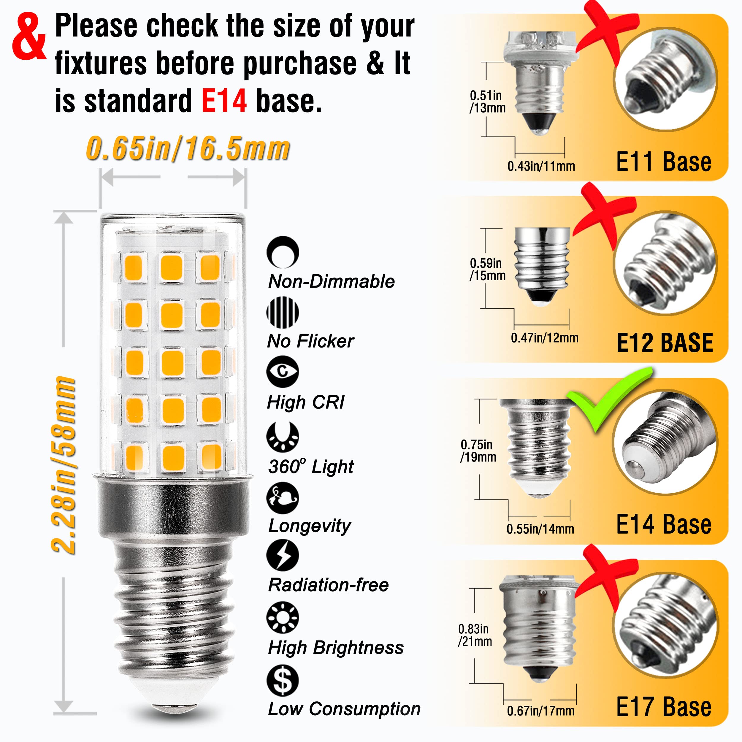 Alide E14 European Base 0.55Inch Led Candelabra Light Bulbs 40W Equivalent, Ac120 To 220V, 2700K Warm White 4W E14 Led Bulbs 450