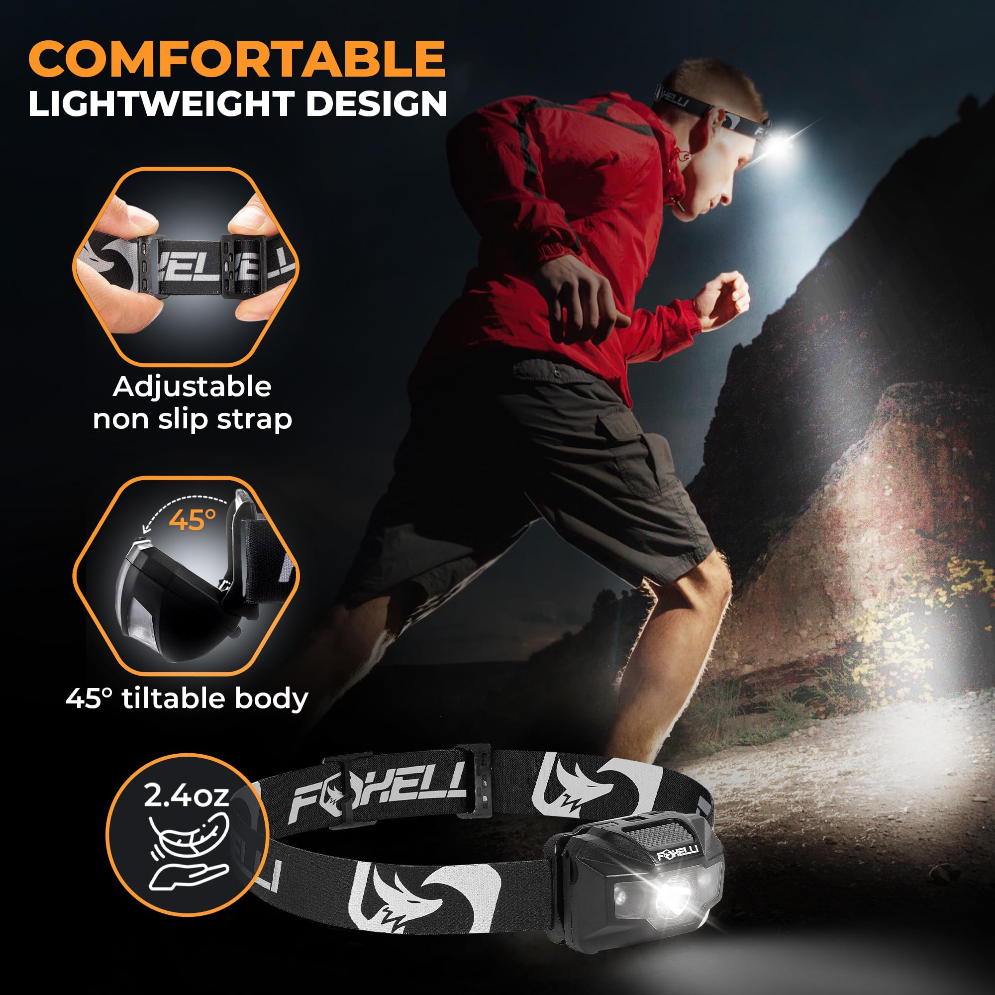Foxelli Rechargeable LED Headlamp - Ultralight, Waterproof, Black, Model MX200B_Child, USB Rechargeable with Red Light for Outdoors