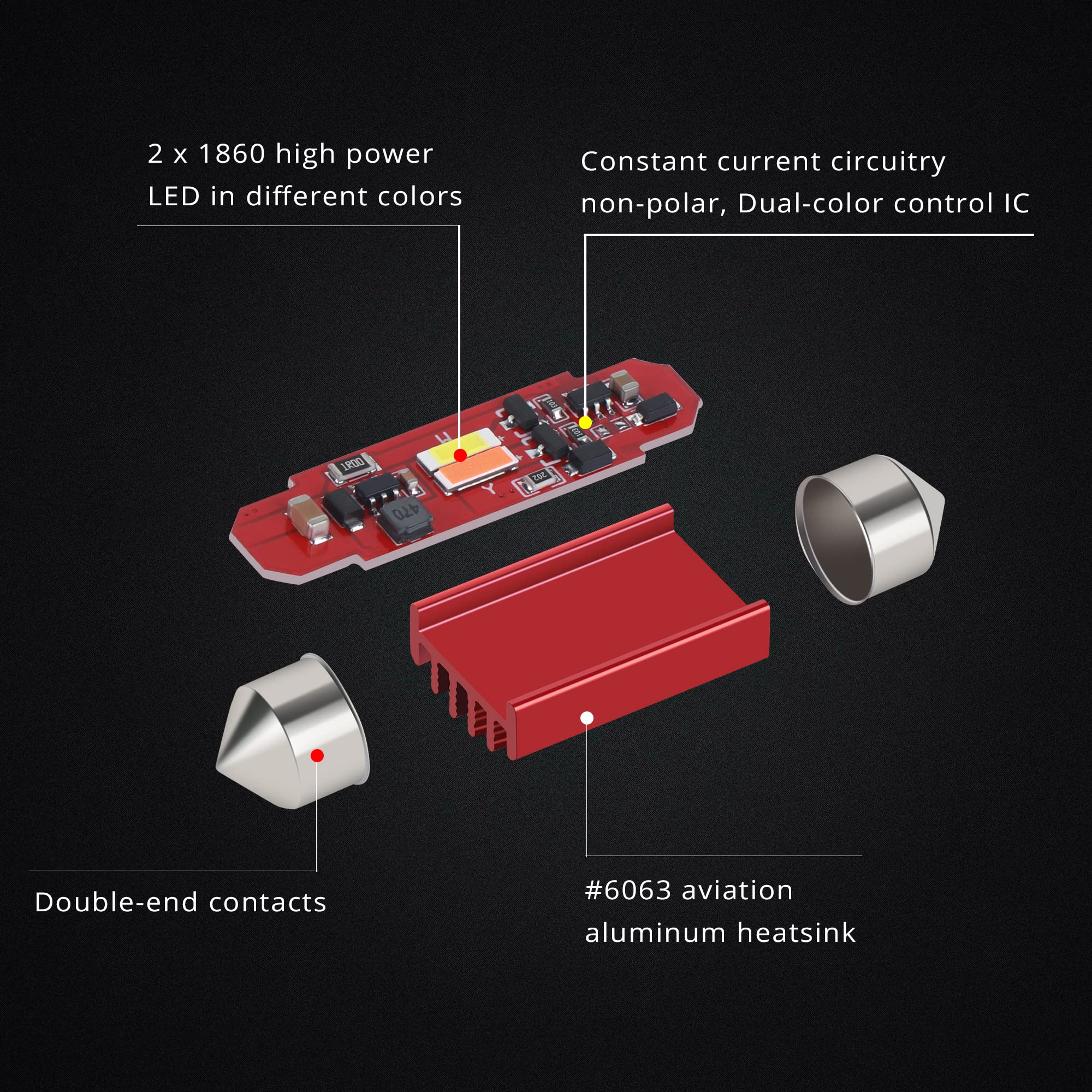 Alla Lighting Dual Color 578 212-2 Led Festoon Bulbs, White/Red Switchback 41Mm 211-2 214-2 Can-Bus Map, Dome, Door, Trunk, Stepwell Courtesy Lights