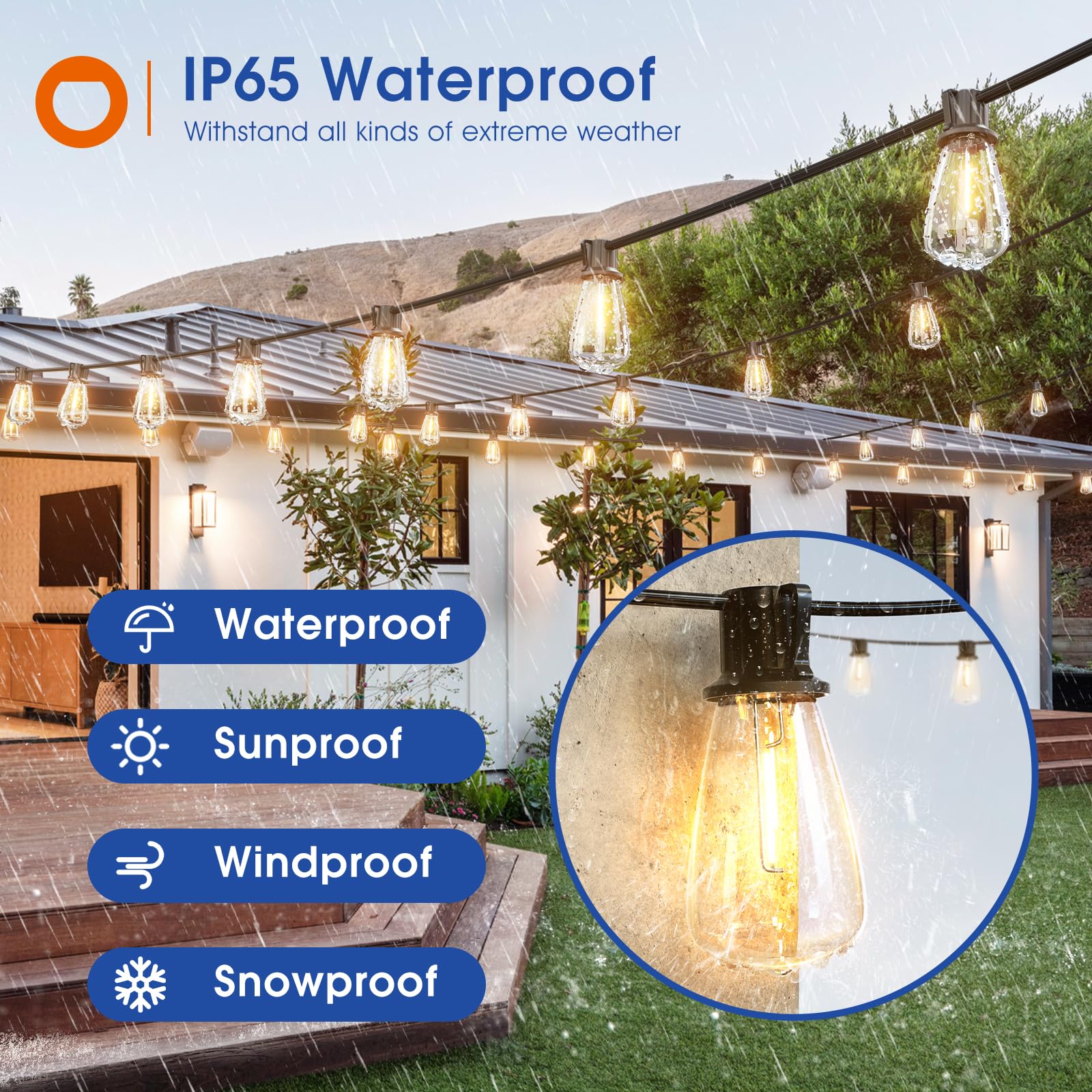 addlon LED Outdoor Lights, 200FT Waterproof Patio String Lights, 64 Shatterproof Bulbs, Dimmable, Black, Model A09050101009