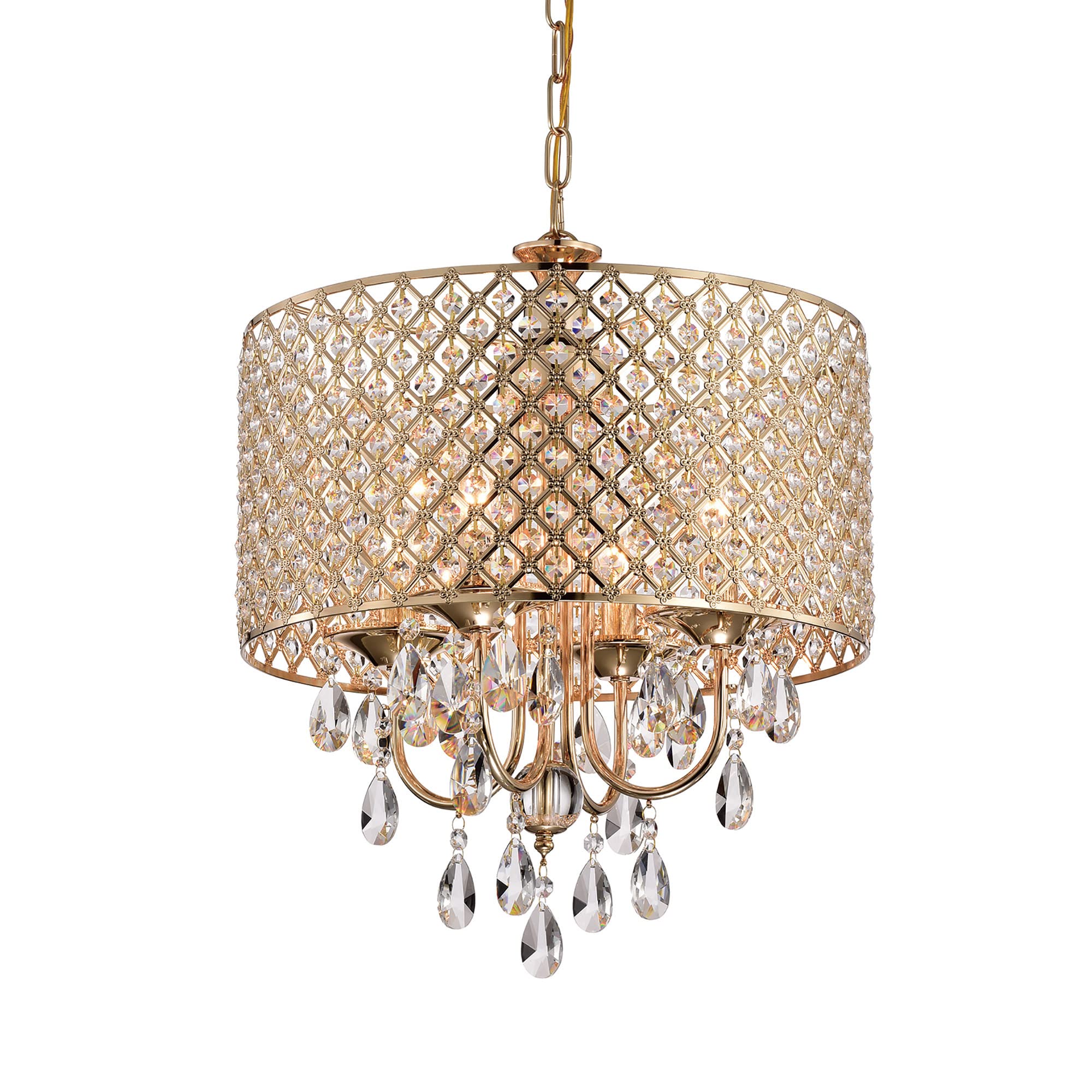 Edvivi 4-Light Round Crystal Chandelier Ceiling Fixture, Beaded Drum Shade, Gold, Model EPG8018GD