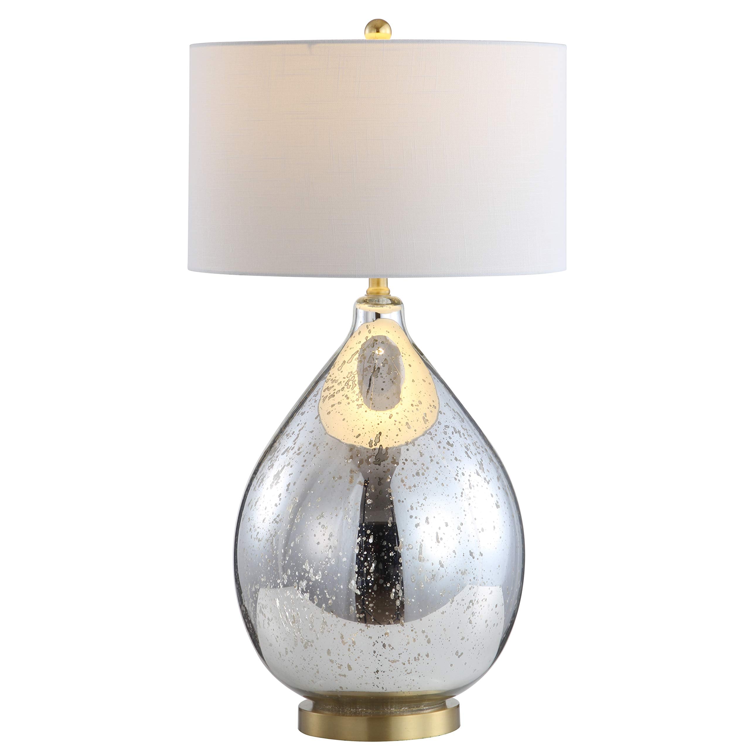JONATHAN Y 30.75 Mercury Silver Glass Teardrop Table Lamp  Glam Transitional Bedside Lamp for Living Room  White Linen Drum Shade  Brass Gold Accents  LED Bulb Included JYL1066A