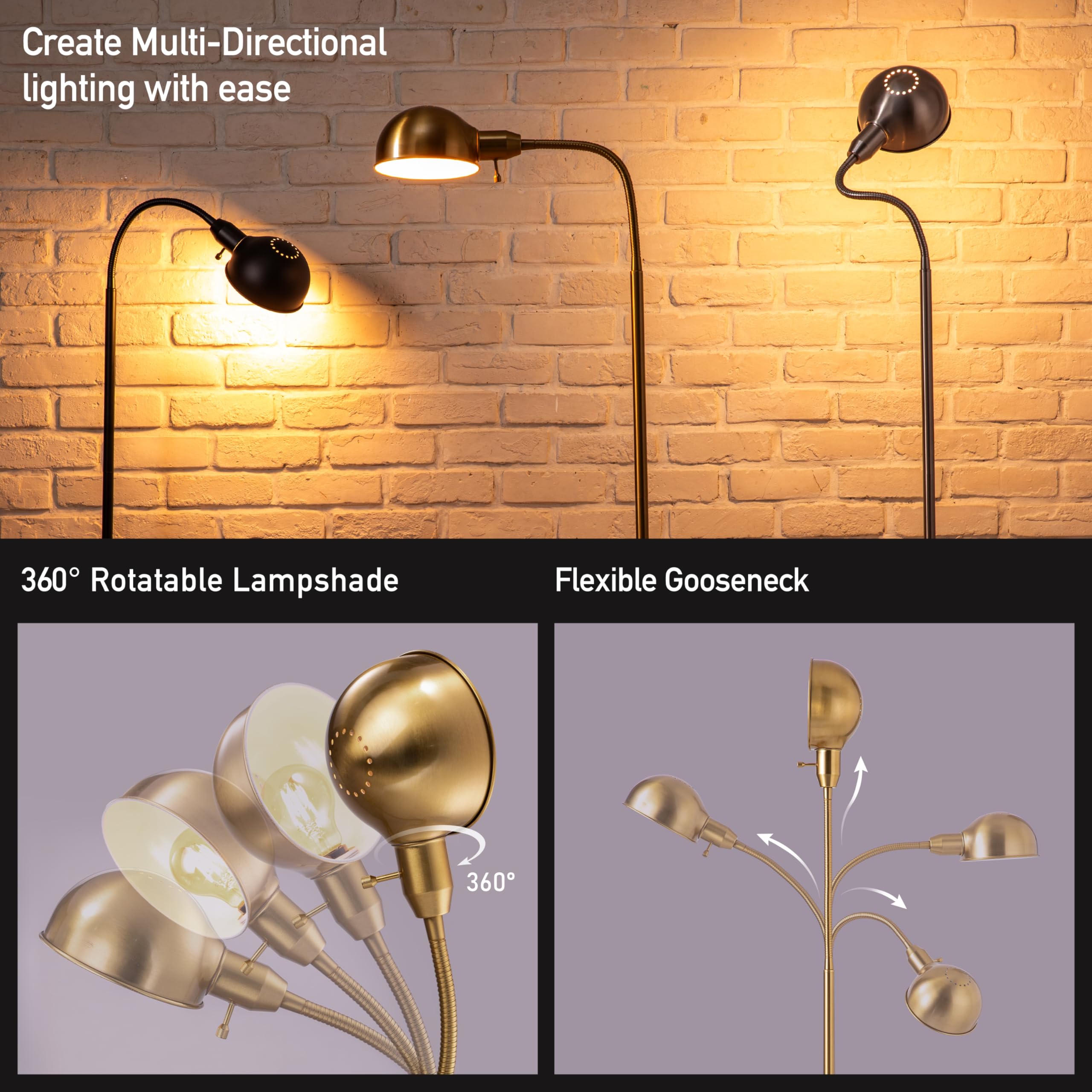 OBright Adjustable Floor Lamp - Flexible Gooseneck, Rotatable Shade, E26 Socket, 10-Inch Base, Antique Brass, Model OB-FL31S