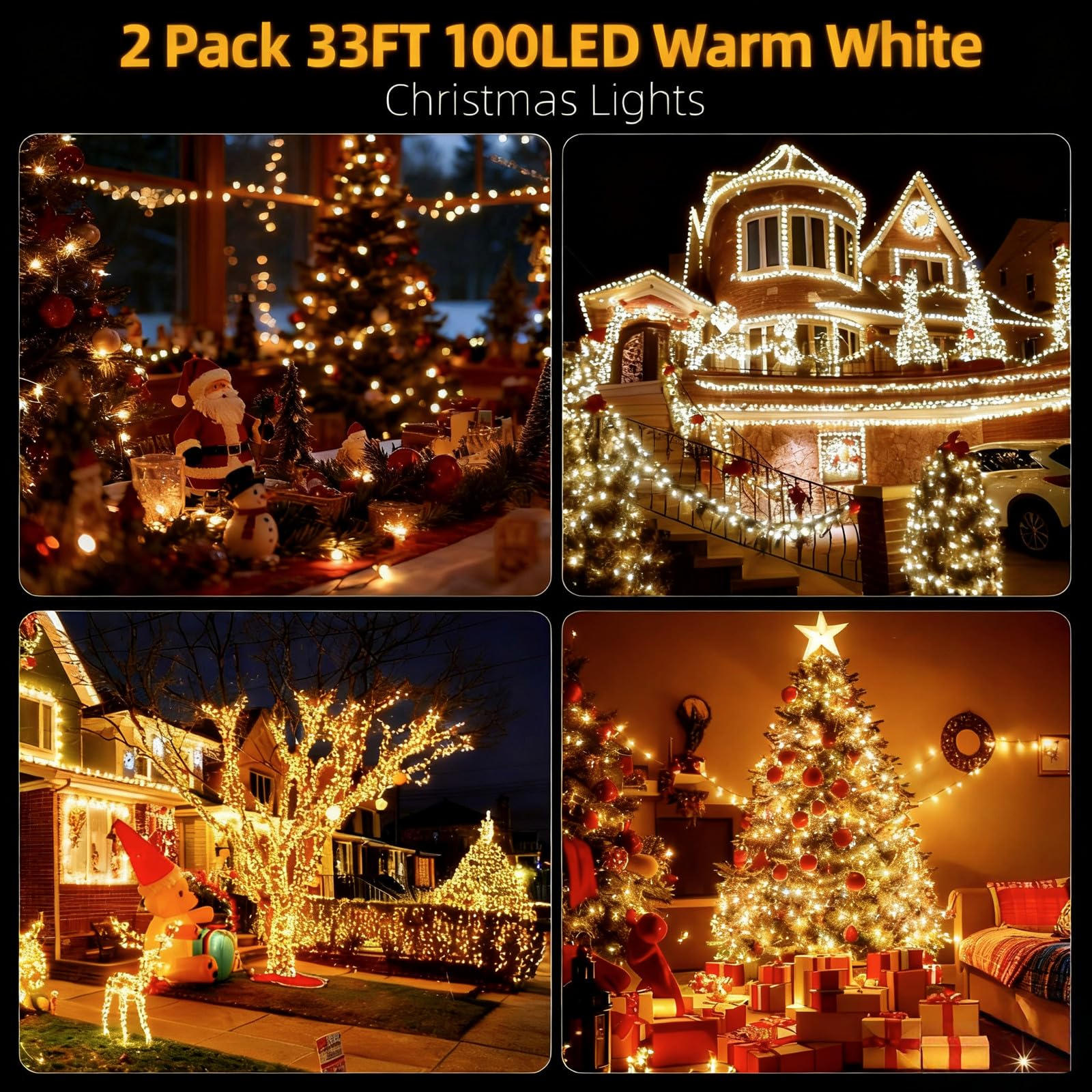 MZD8391 200 LED Christmas Lights, 66ft Battery String Lights, Waterproof, Warm White, Model QL300AE, 2 Pack, Timer & Memory Function